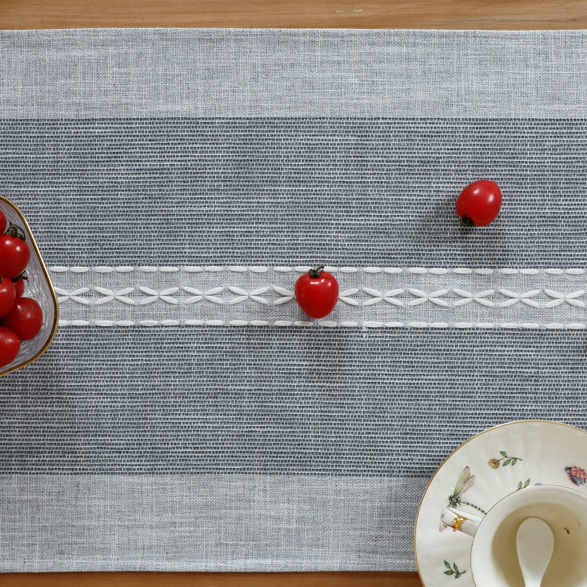 Farmhouse Braided Striped Table Runner Rustic Embroidery Coffee Table Runners For Decorations Weddings Holiday Grey 13X90Inch