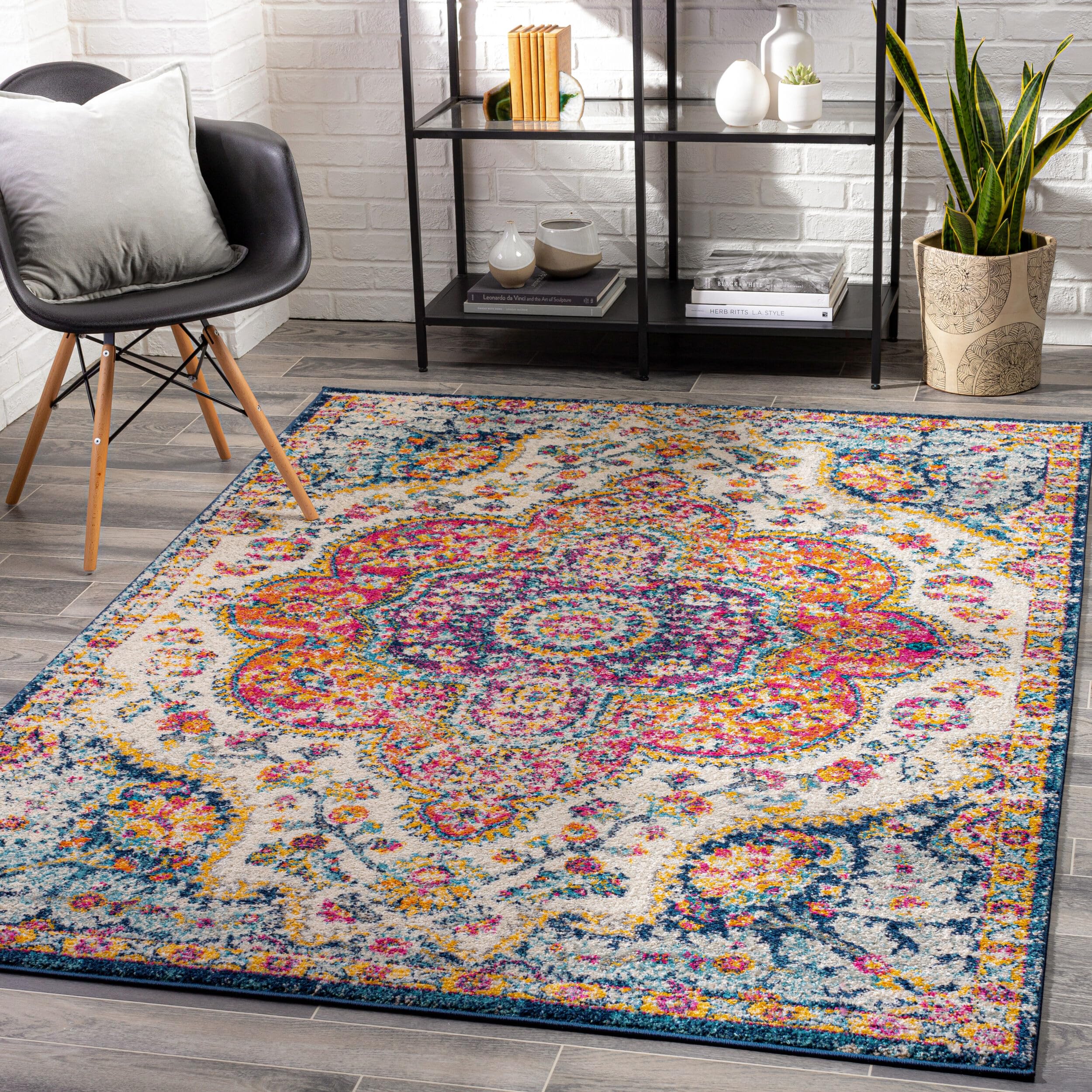 Livabliss Area Rugs - 4x6 Romaine Vintage Boho Fuchsia Mustard Blue Area Rug for Living Room Bedroom - Floral Medallion Stain Re