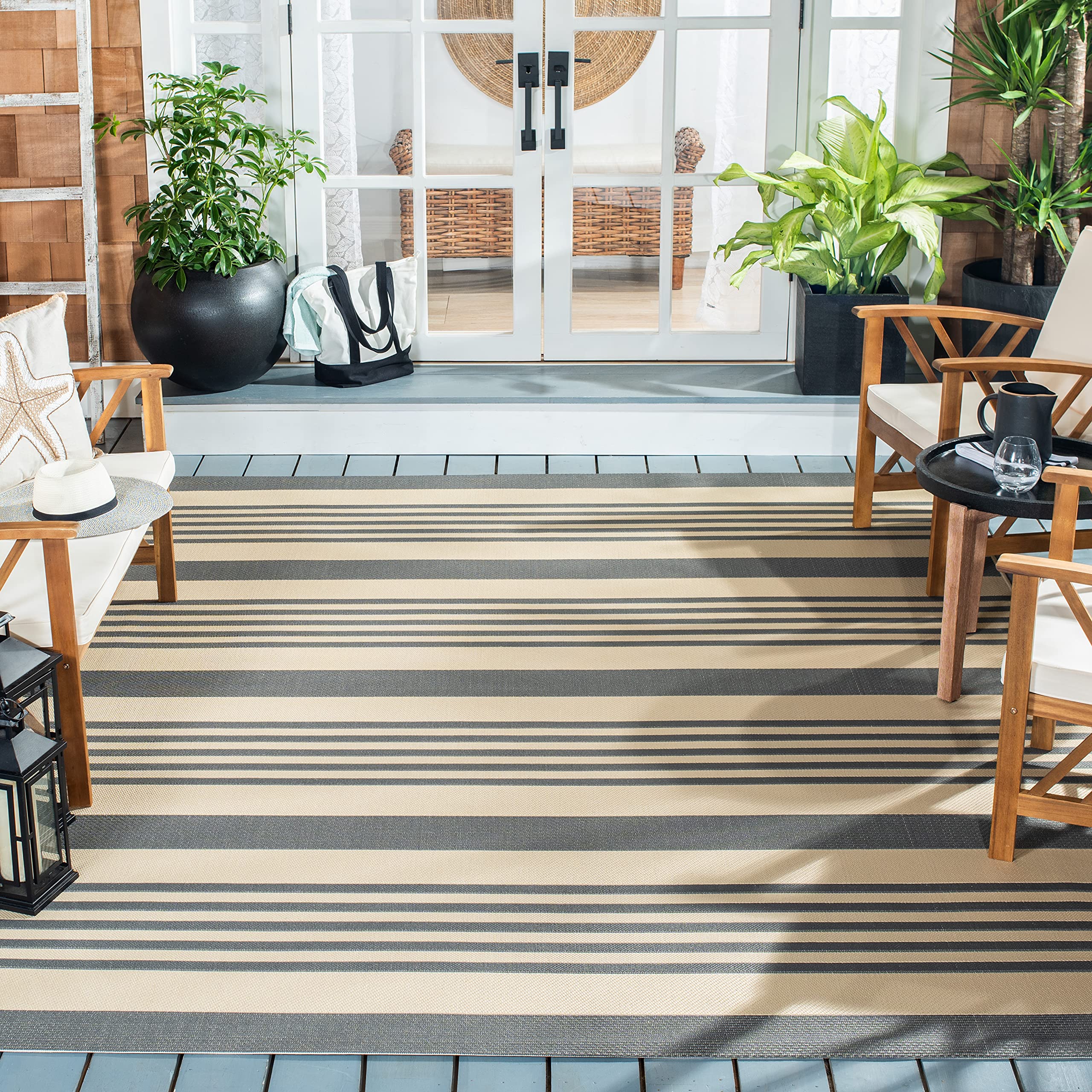 Safavieh Courtyard Collection CY6062 Stripe Indoor/ Outdoor Non-Shedding Stain Resistant Patio Backyard Area Rug, 9 x 12, Grey