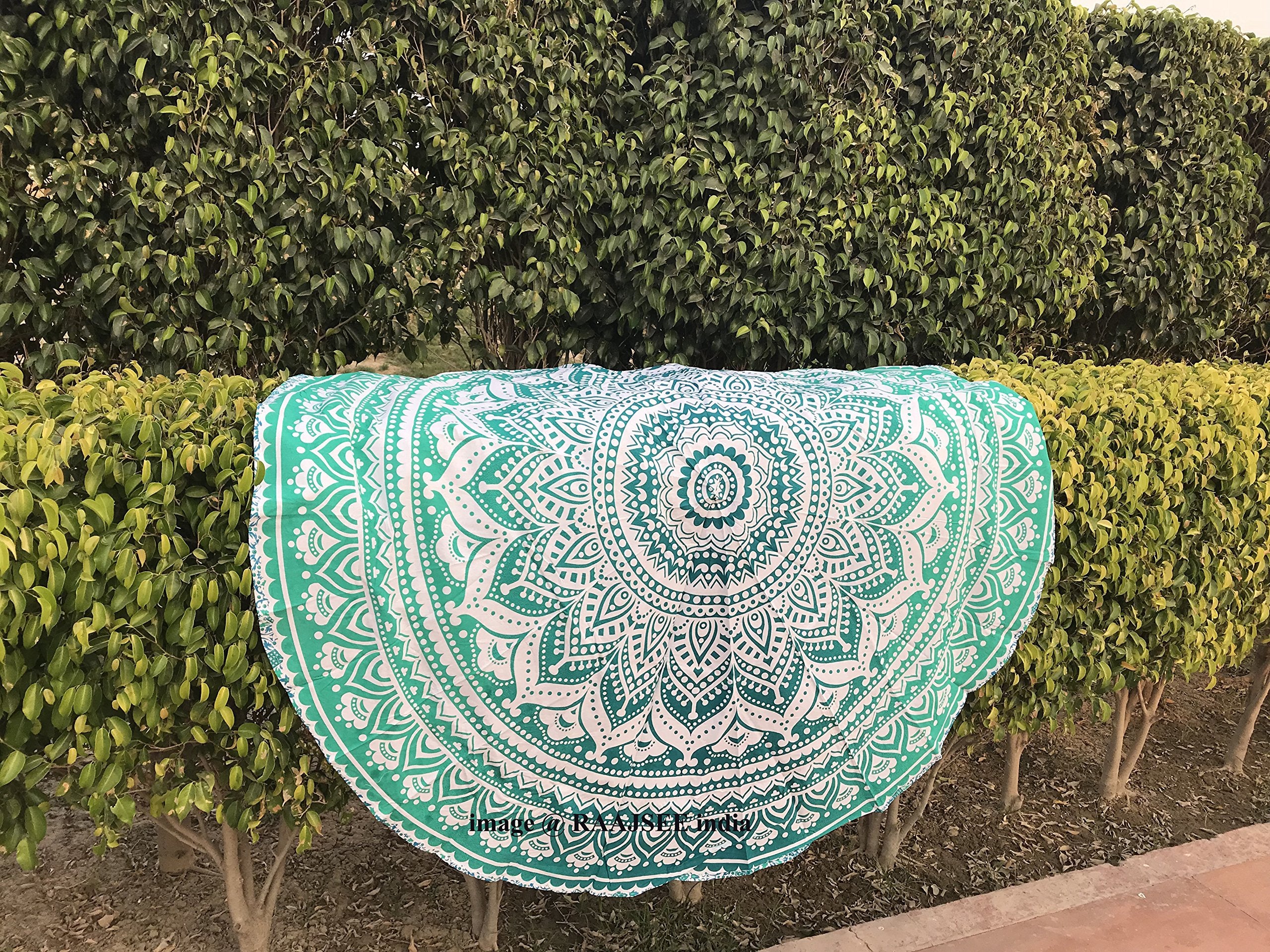 Raajsee Green Ombre Round Beach Tapestry Hippie/Boho Beach Blanket Roundie/Indian Cotton Throw Bohemian Round Table Cloth/Yoga M