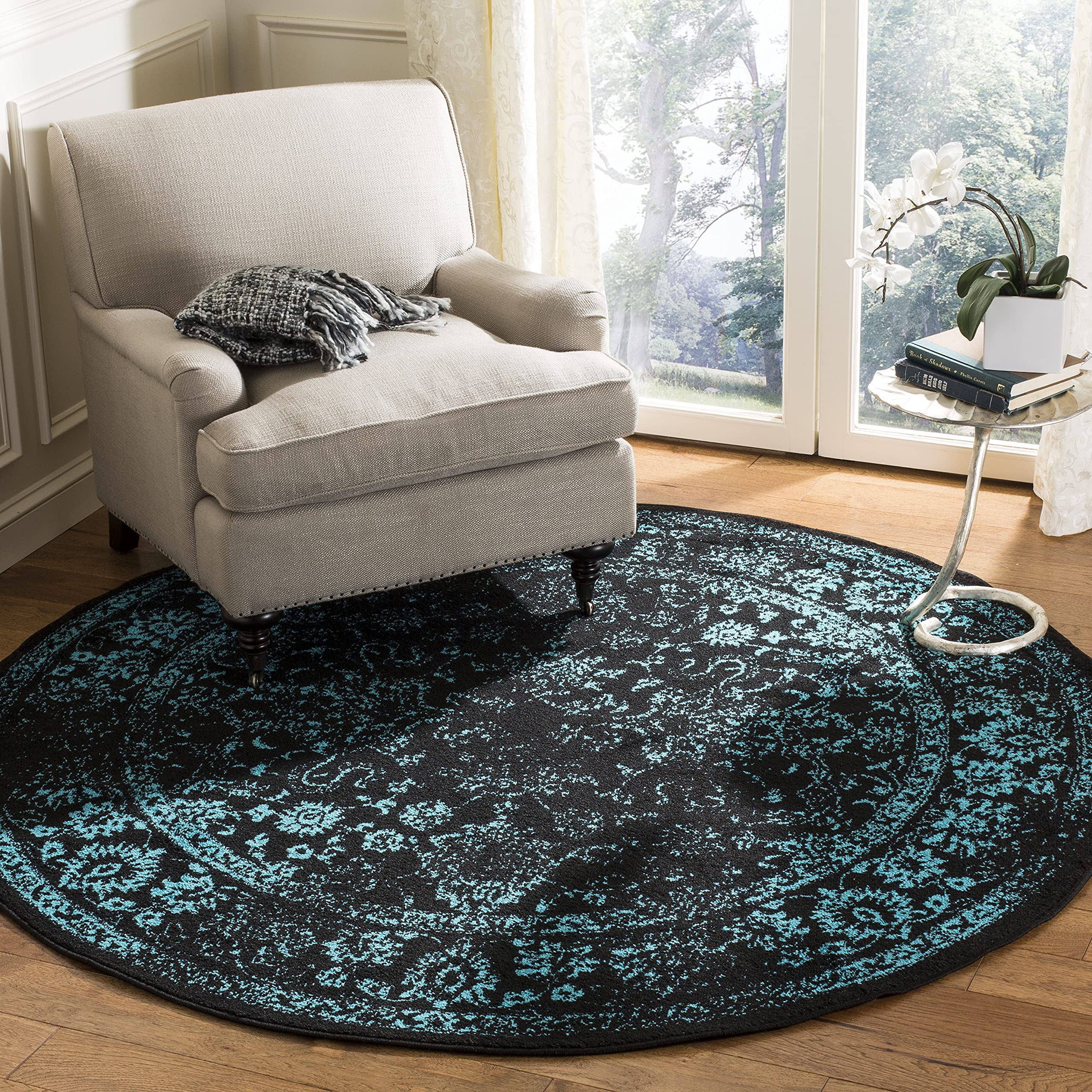 SAFAVIEH Adirondack Collection Area Rug - 10 Round, Black & Teal, Oriental Distressed Design, Non-Shedding & Easy Care, Ideal f