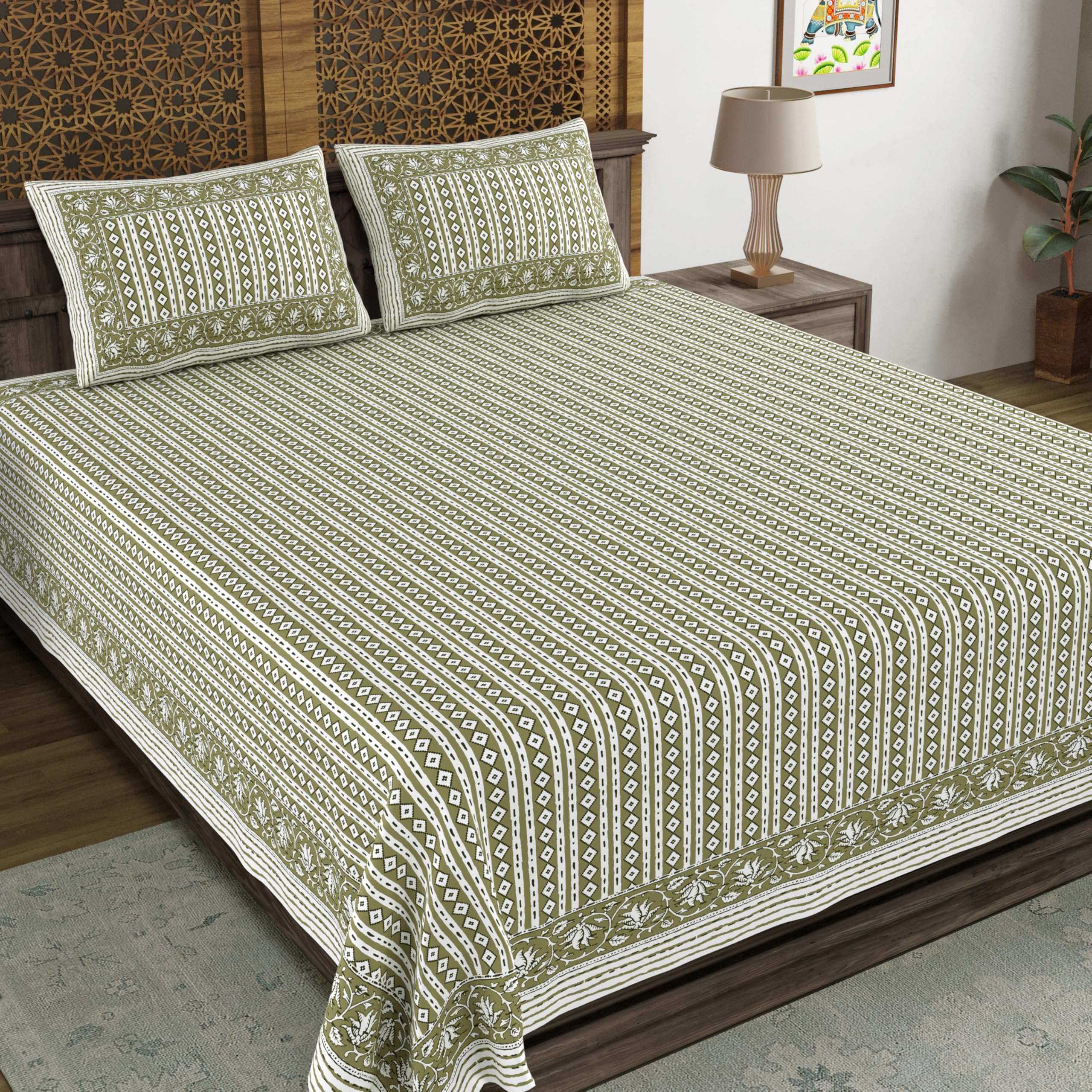 Blocks Of India Hand Block Printed 200 Tc Cotton Super King Size Bedsheet (Green Line)