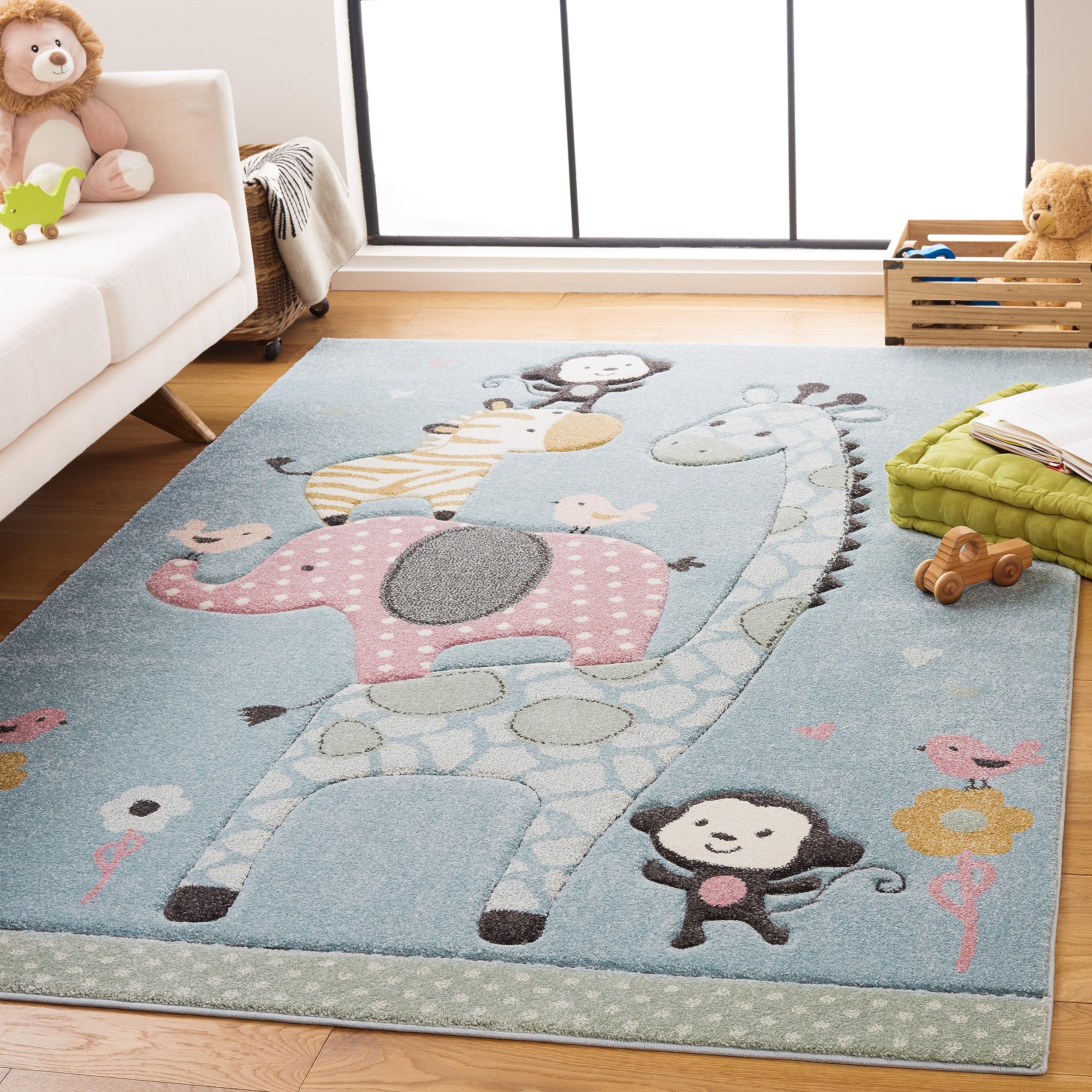 SAFAVIEH Carousel Kids Collection Area Rug - 67 Square, Blue, Animal Design, Ideal for High Traffic Area for Boys & Girls in Pl