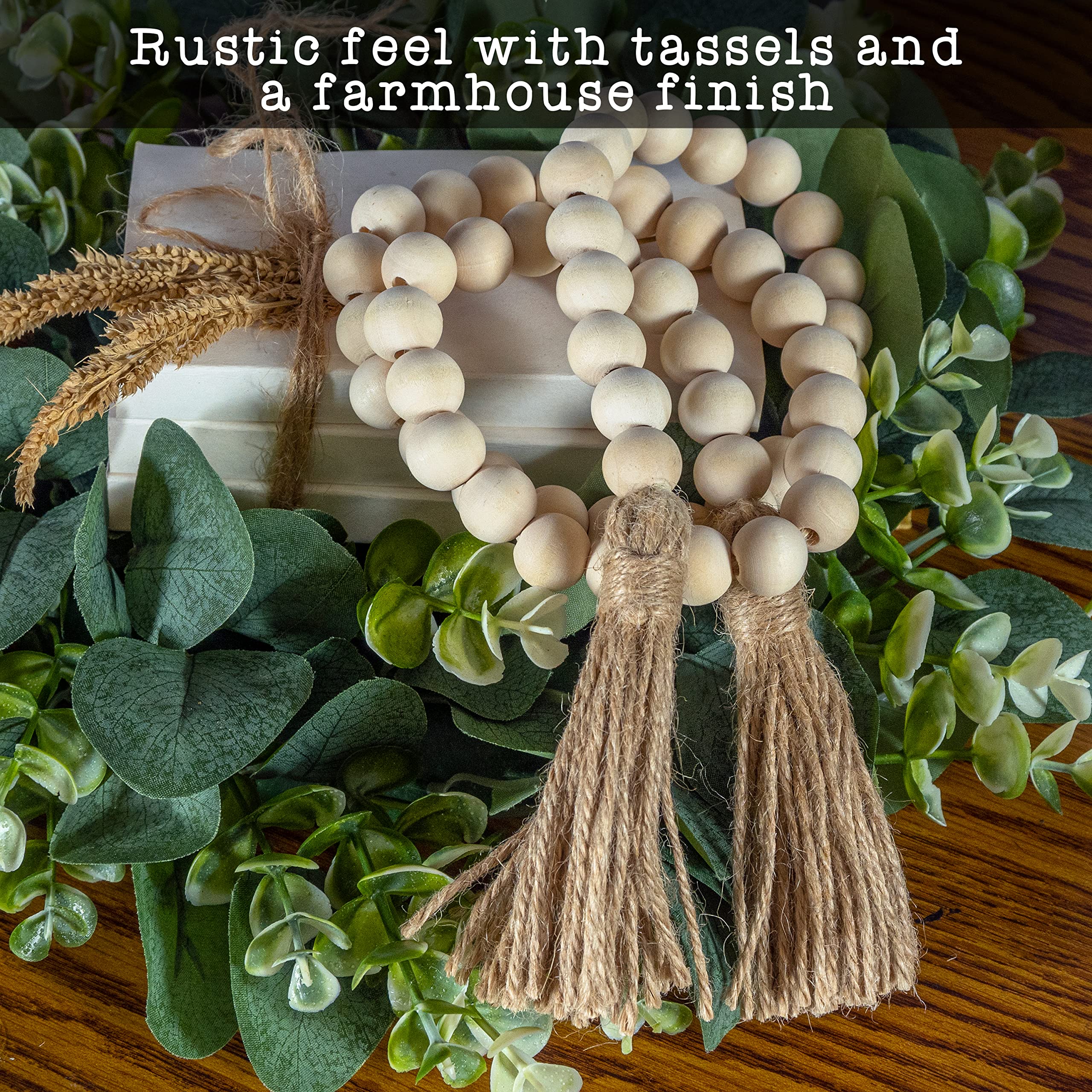 Decorative Wood Bead Garland Home Decor, Farmhouse Garland Beads with Tassel, Wooden Tier Tray Rustic Prayer Boho, Wooden Farmho