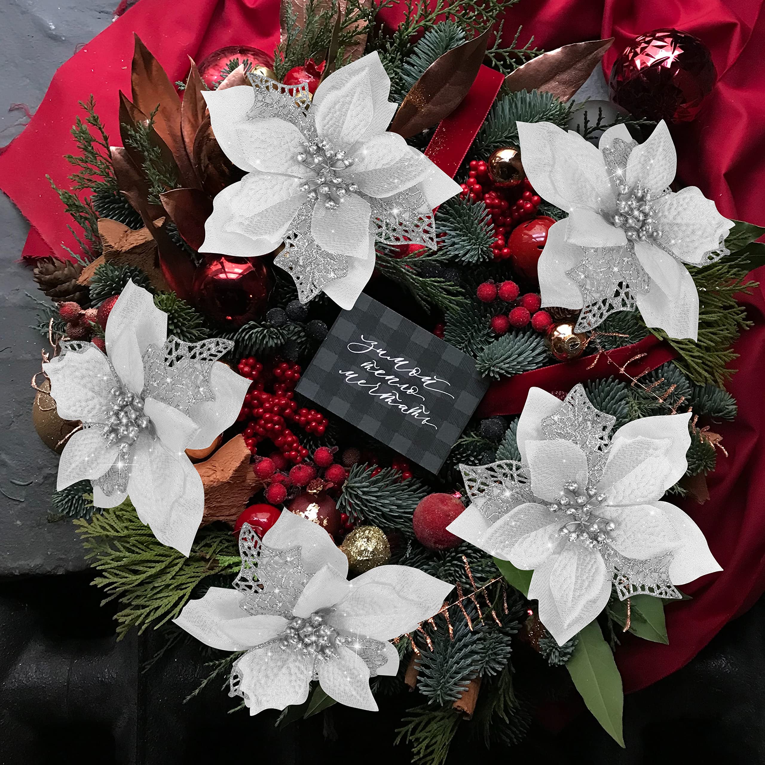 Childom 12 PCS Poinsettia Flower Artificial Poinsettia Christmas Decoration 5.9 Silver Glitter Poinsettias Christmas Ornaments