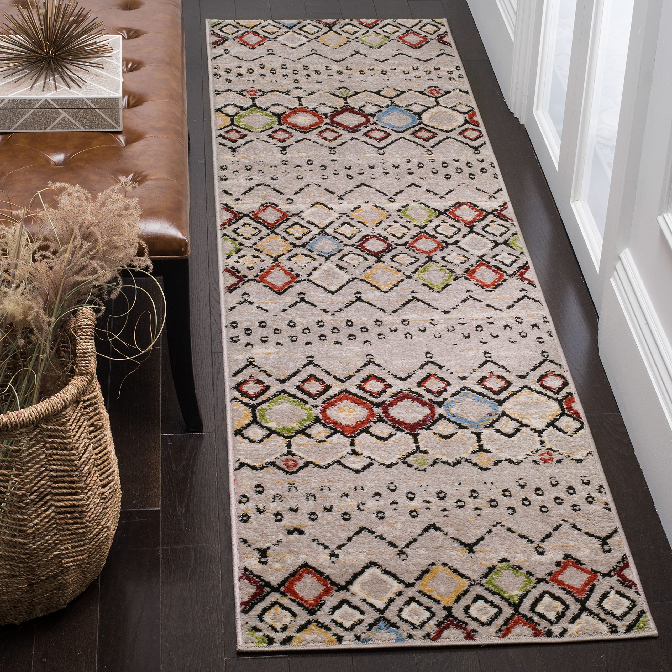 SAFAVIEH Amsterdam Collection Runner Rug - 23 x 18, Light Grey & Multi, Moroccan Boho Design, Non-Shedding & Easy Care, Ideal 