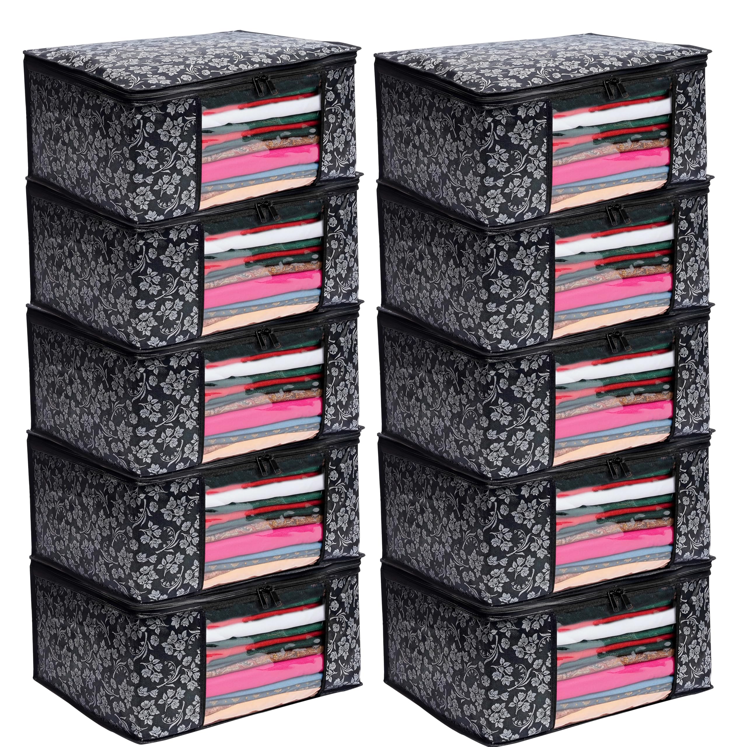 Merao Flower Printed Saree Covers For Cloth Storage & Wardrobe | Transparent Window, Zipper Closure | Black | Pack Of 10 | Saree