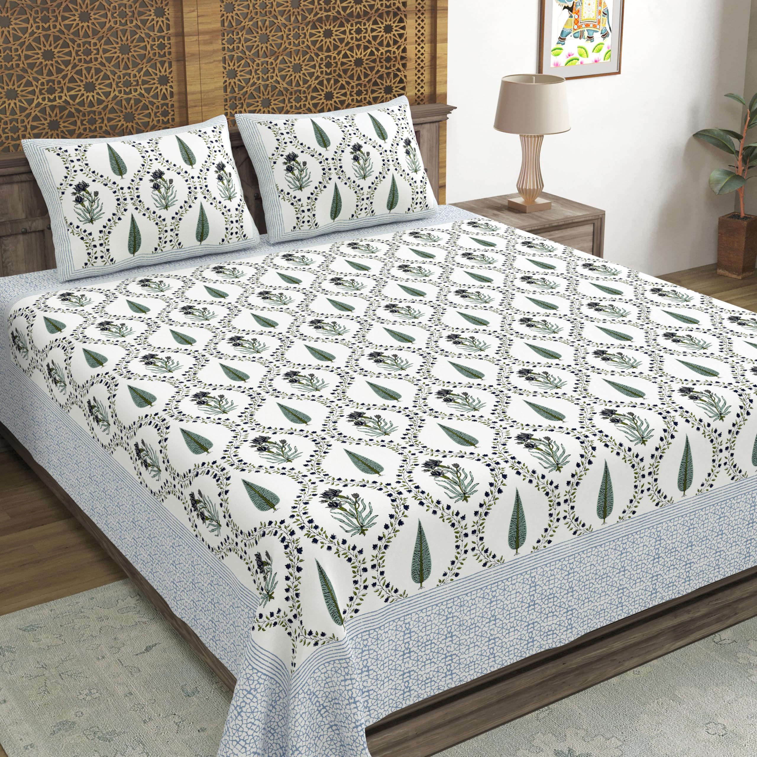 Blocks Of India Hand Block Printed 200 Tc Cotton Super King Size Bedsheet(106 X 106) | Pack Of 1, Blue Green Patti