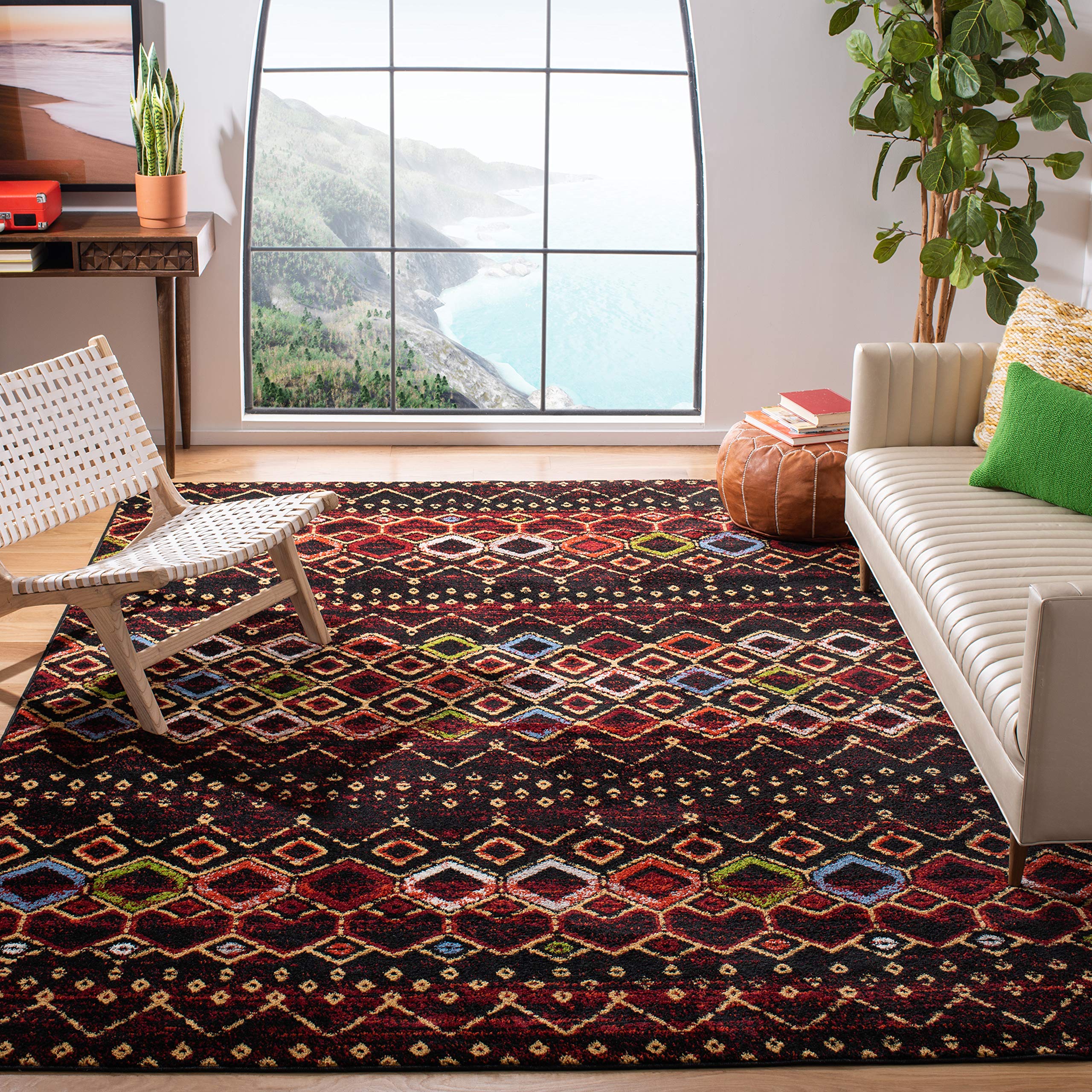SAFAVIEH Amsterdam Collection Area Rug - 8 x 10, Black & Multi, Moroccan Boho Design, Non-Shedding & Easy Care, Ideal for High