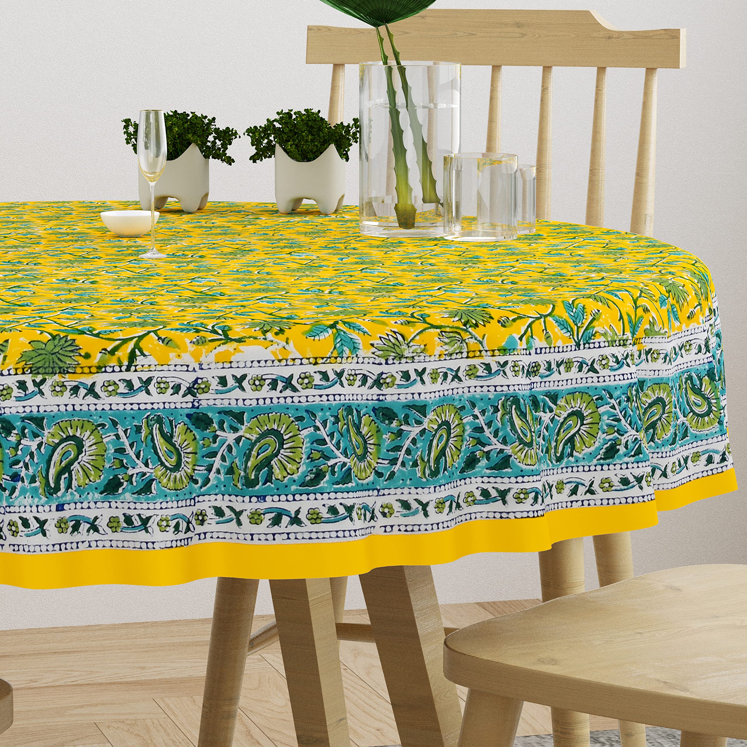 BLOCKS OF INDIA Cotton Hand Block Printed 72 Inch Round Table Cloth (Blue Yellow Floral)