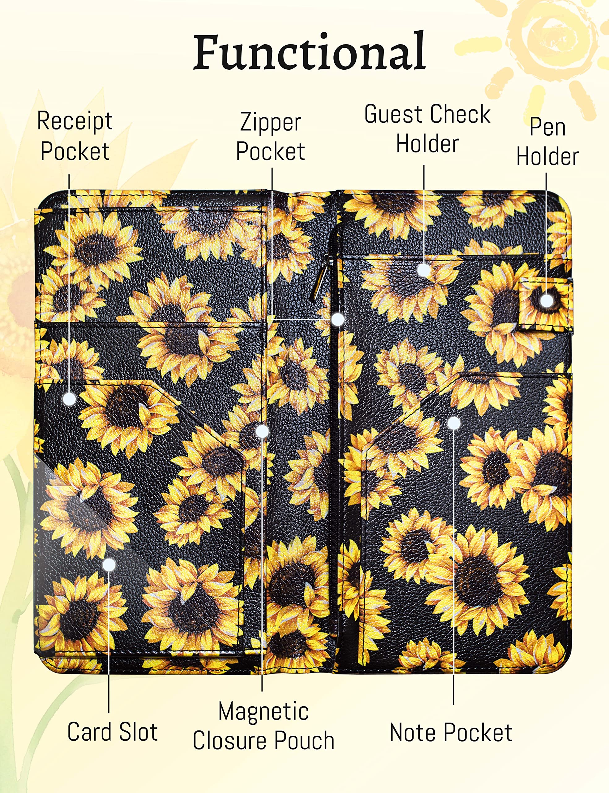 Server Book with Zipper Pocket and Magnetic Closure Server Booklet Waitress Book Serving Book with Money Pocket Waitstaff Organizer Fit Server Apron Waiter Book Wallet Sunflower