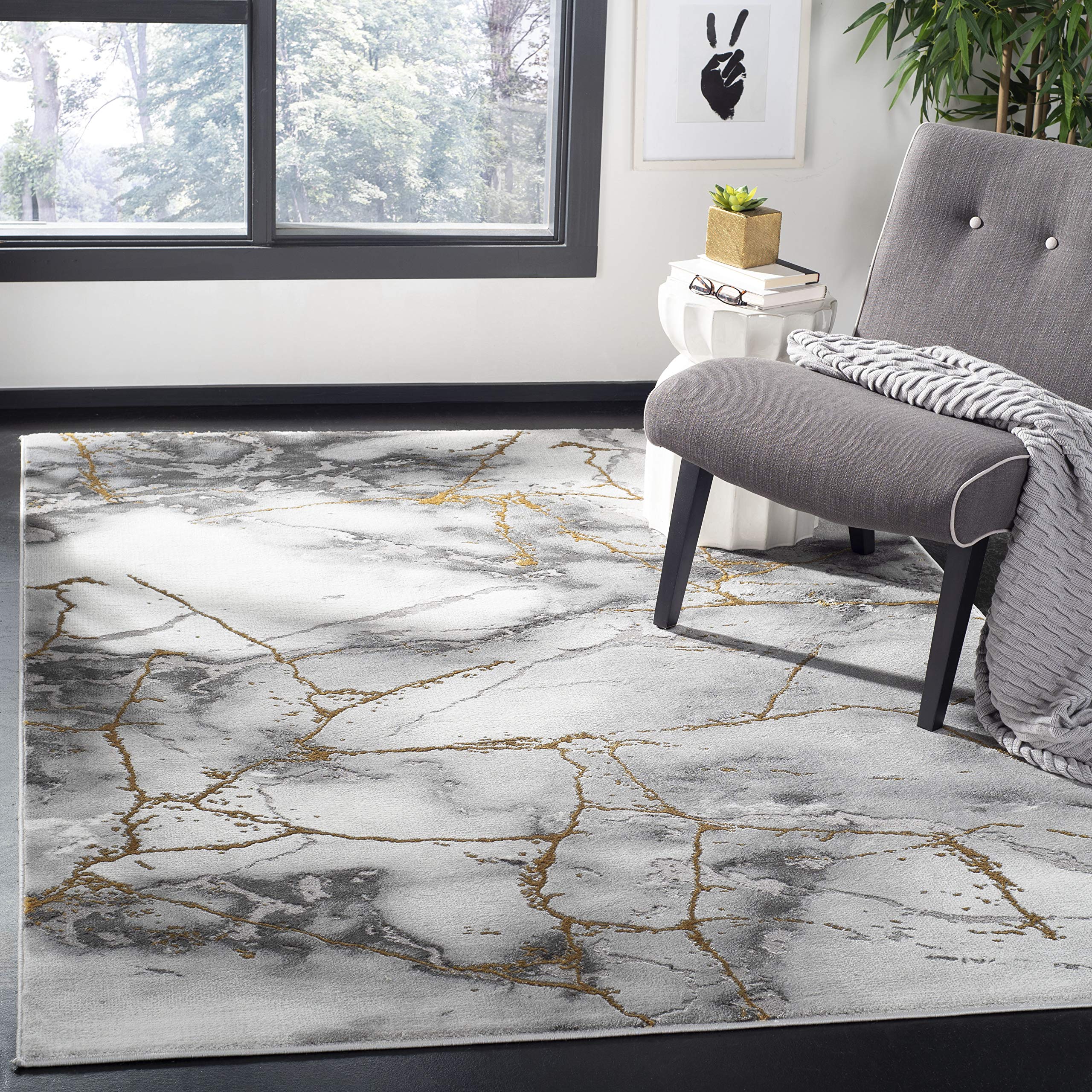 SAFAVIEH Craft Collection Area Rug - 3 Square, Grey & Gold, Modern Abstract Design, Non-Shedding & Easy Care, Ideal for High Tr