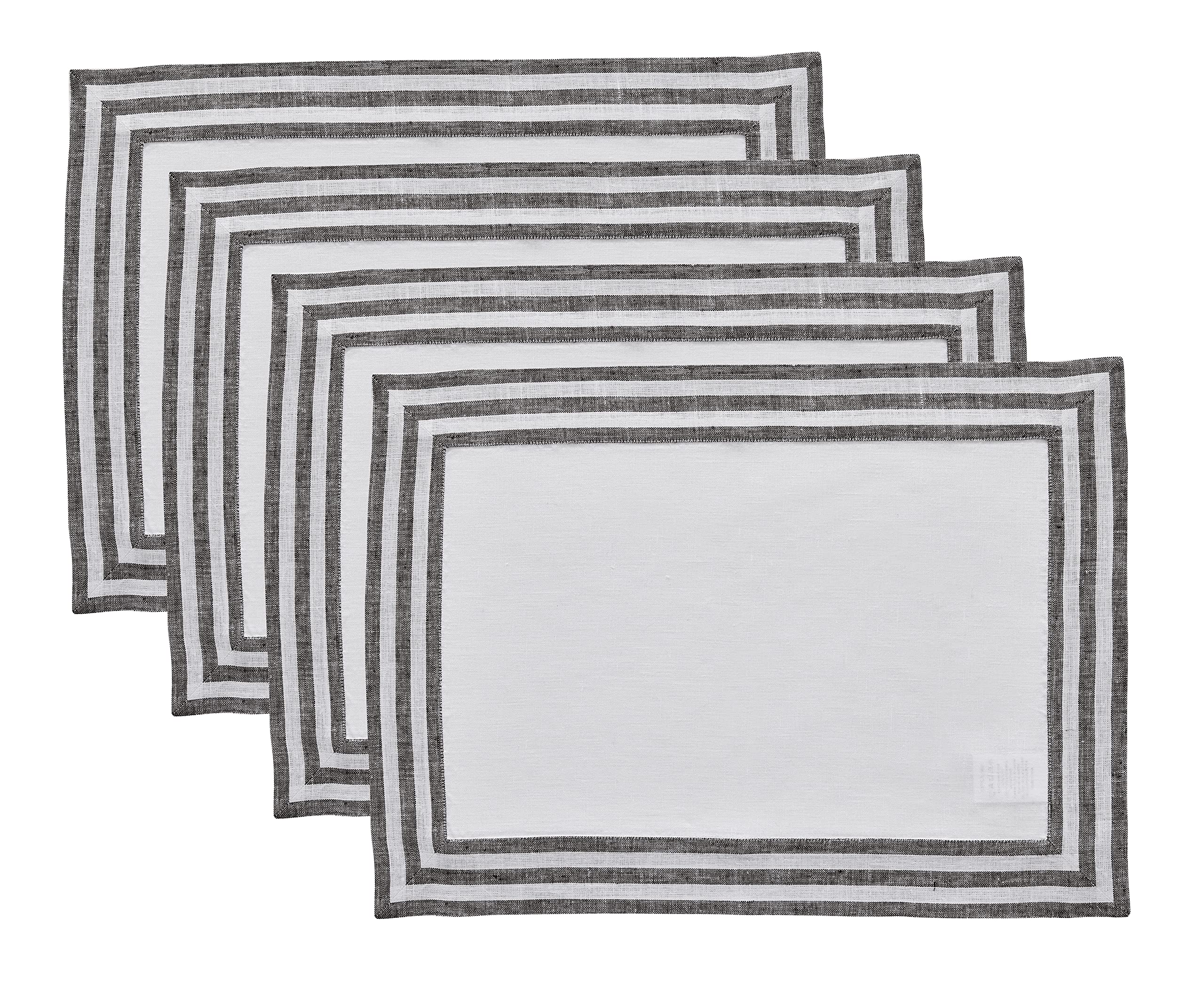 Solino Home Linen Placemats Set Of 4-100% Pure Linen Cloth Fabric Placemats Black - 19'' L X 14'' W Inch Washable Dining Place M