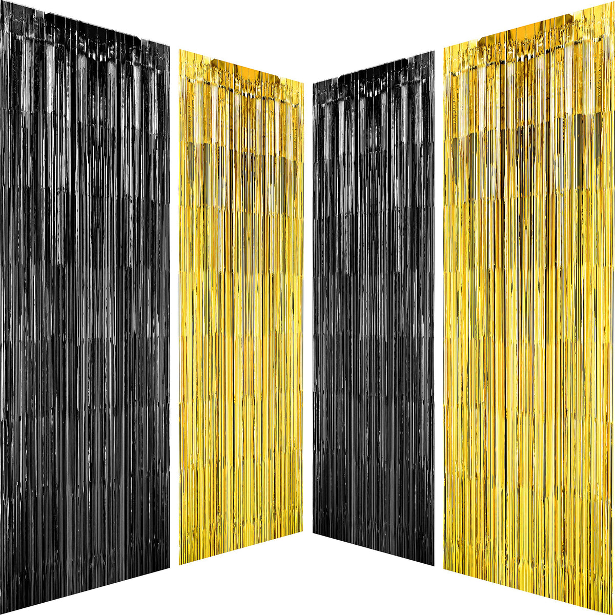 Black Gold Party Tinsel Foil Fringe Curtains - Bachelorette Wedding Graduation New Years Wild One 1920S Birthday Baby Shower Par