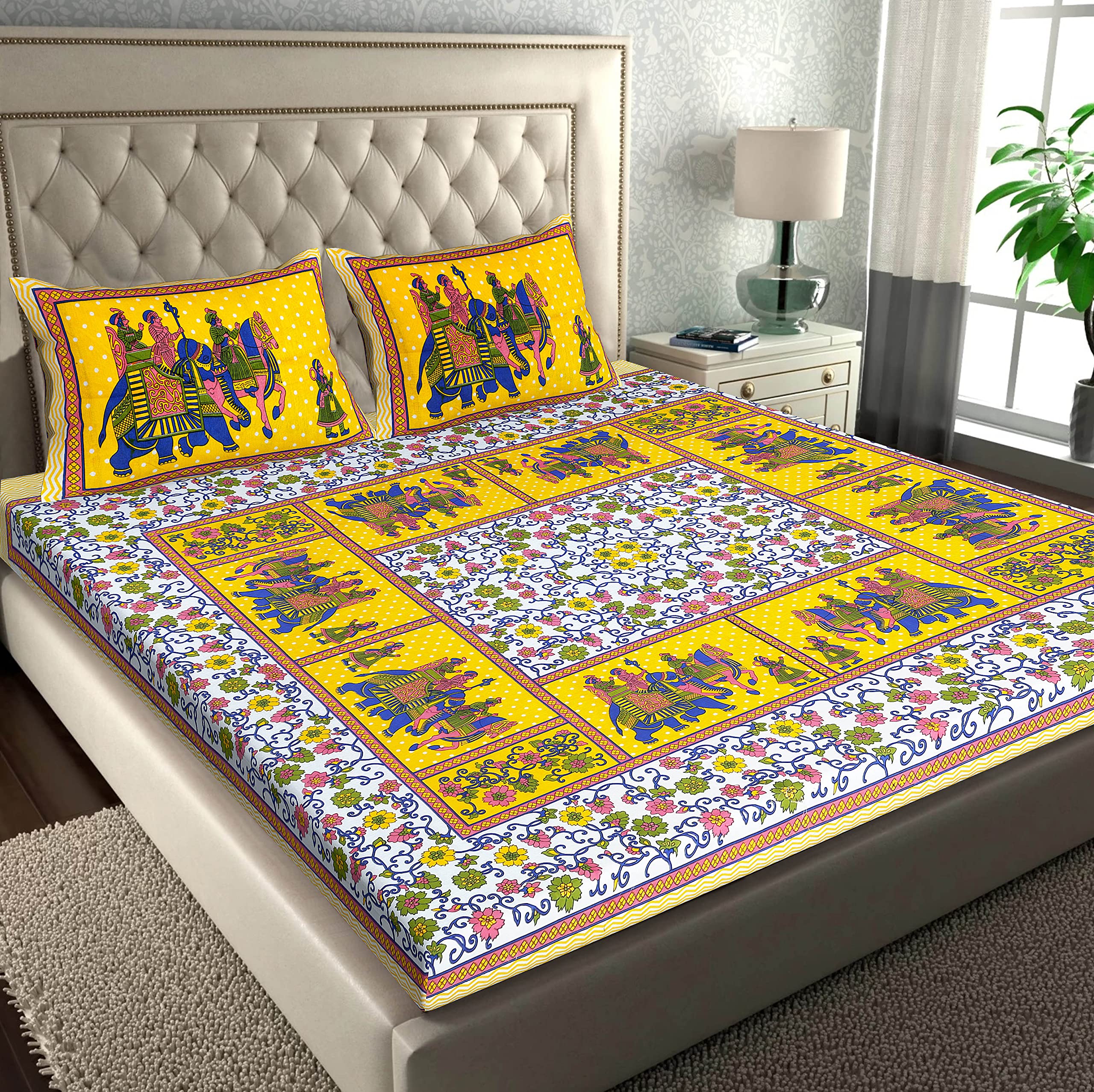 Rajasthanikart Pure 100% Cotton Double Bed Sheet With 2 Pillow Covers (Bedsheet For Double Bed Cotton, Yellow, Elephantprint)