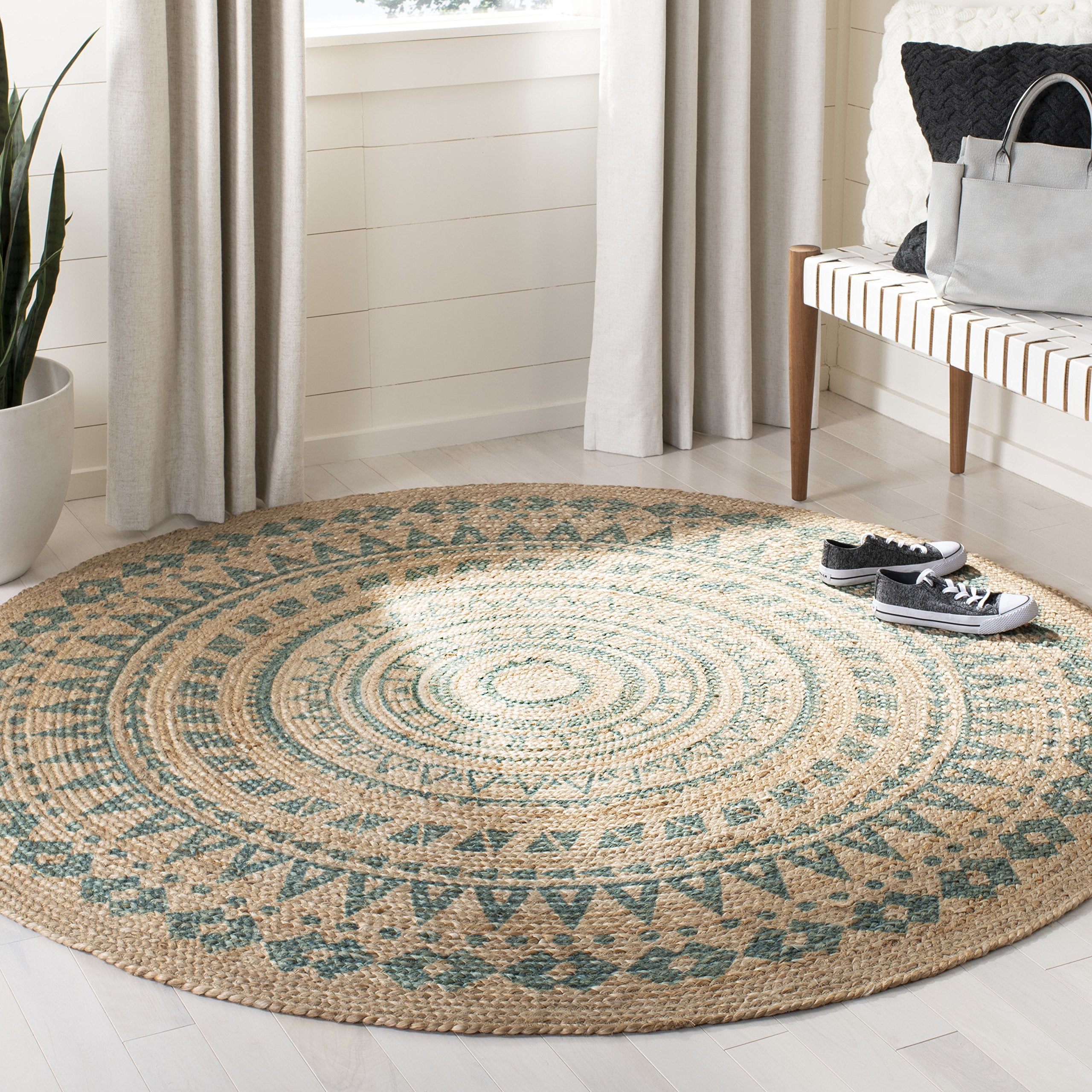 SAFAVIEH Natural Fiber Round Collection 5 Round Aqua NF802A Handmade Boho Mandala Braided Jute Area Rug