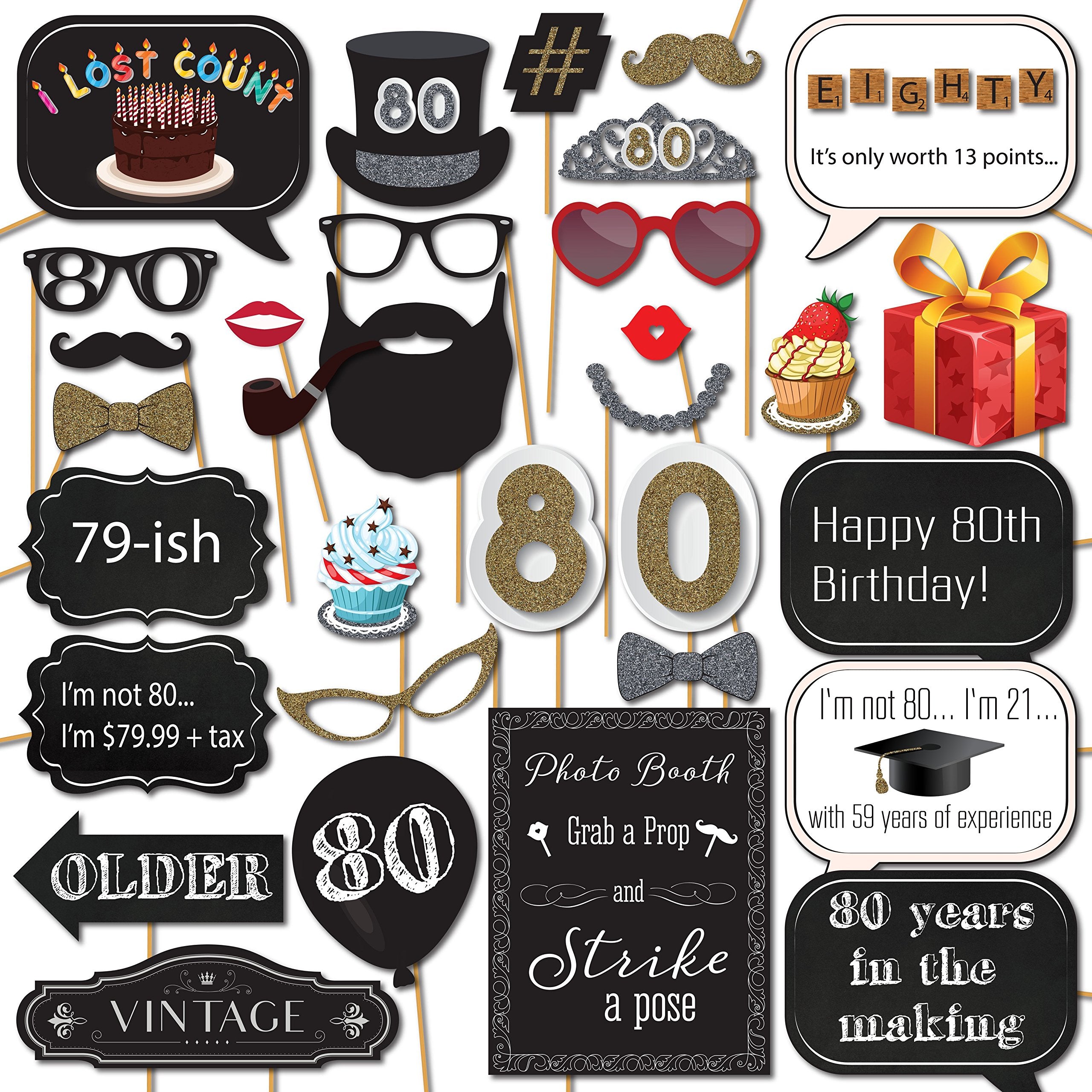 80th Birthday Photo Booth Props with 31 Printed Pieces Wooden Sticks and Strike a Pose Sign by Sunrise Party Supplies