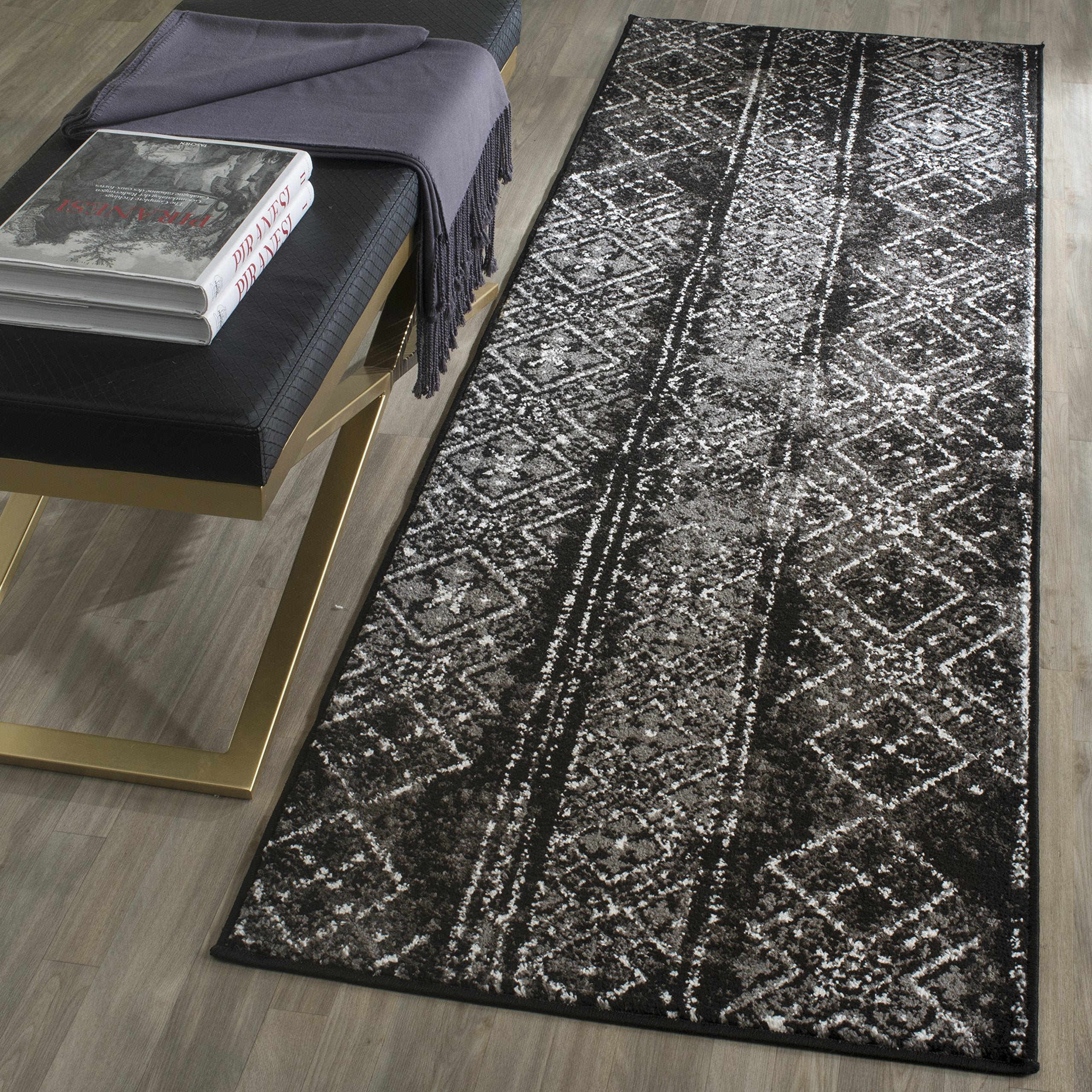 SAFAVIEH Adirondack Collection Runner Rug - 26 x 18, Black & Silver, Moroccan Boho Distressed Design, Non-Shedding & Easy Care
