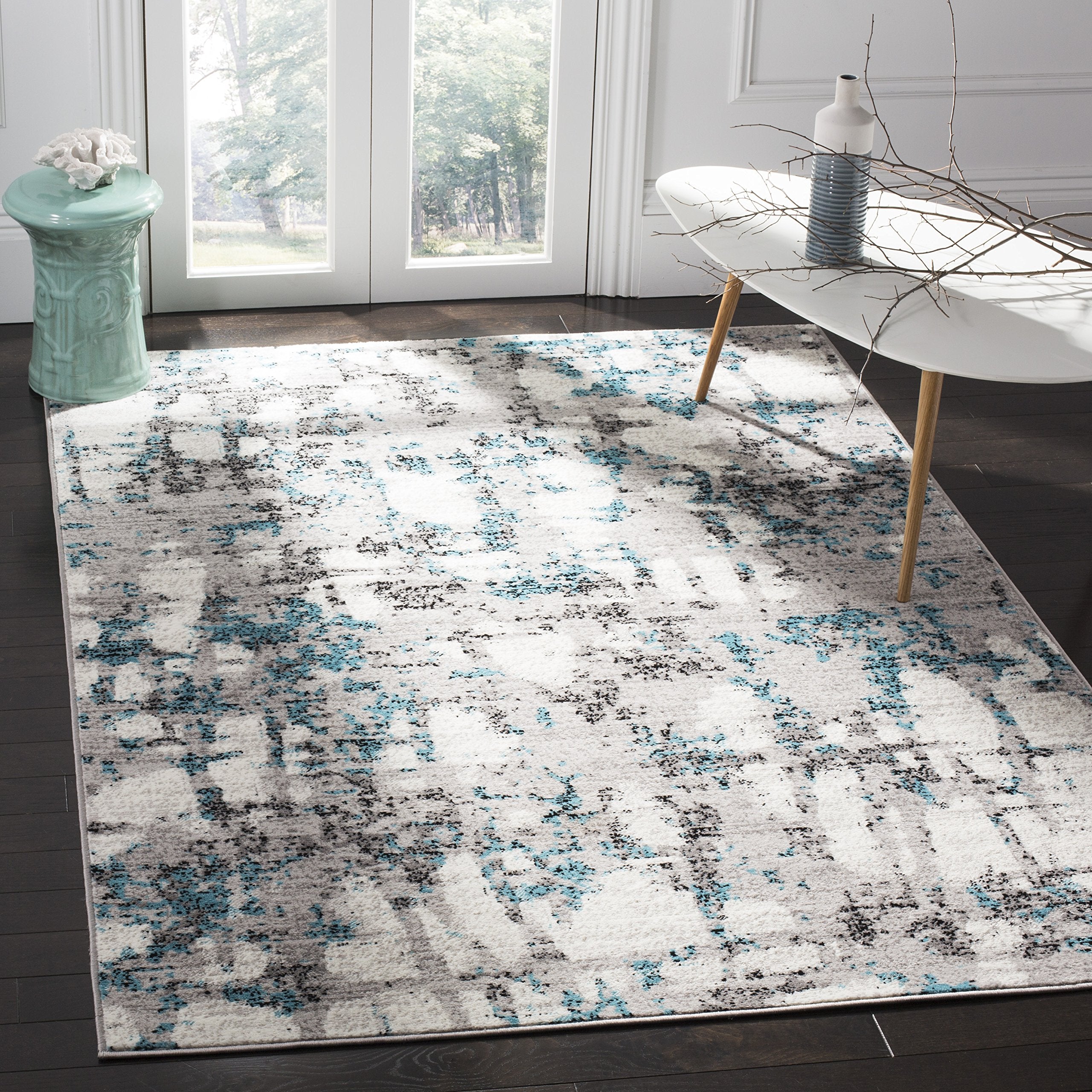SAFAVIEH Skyler Collection 4 Square Grey/Blue SKY193B Modern Abstract Non-Shedding Living Room Bedroom Accent Rug