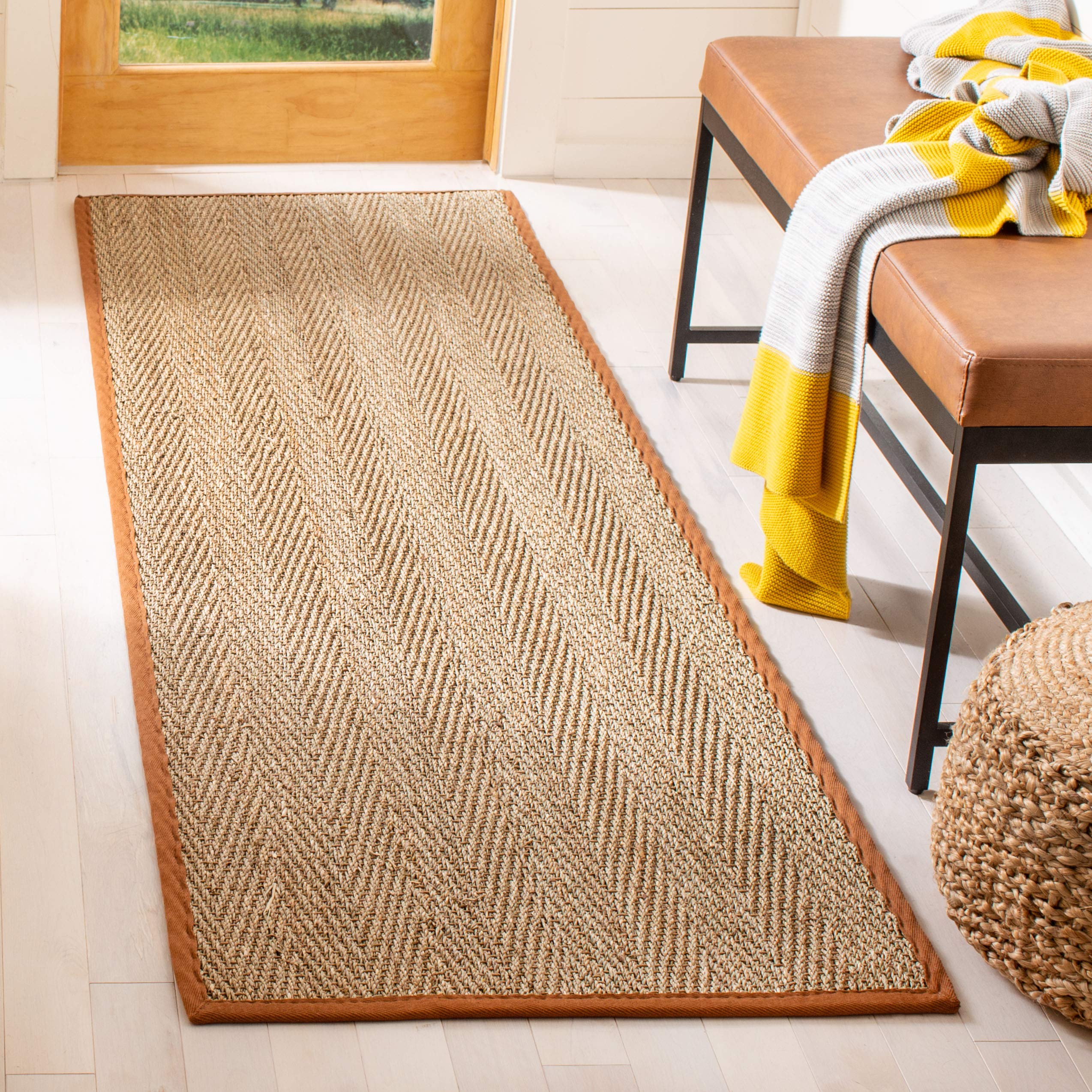 Safavieh Natural Fiber Collection X-Large Area Rug - 26 x 22, Natural & Brown, Border Herringbone Seagrass Design, Easy Care, 