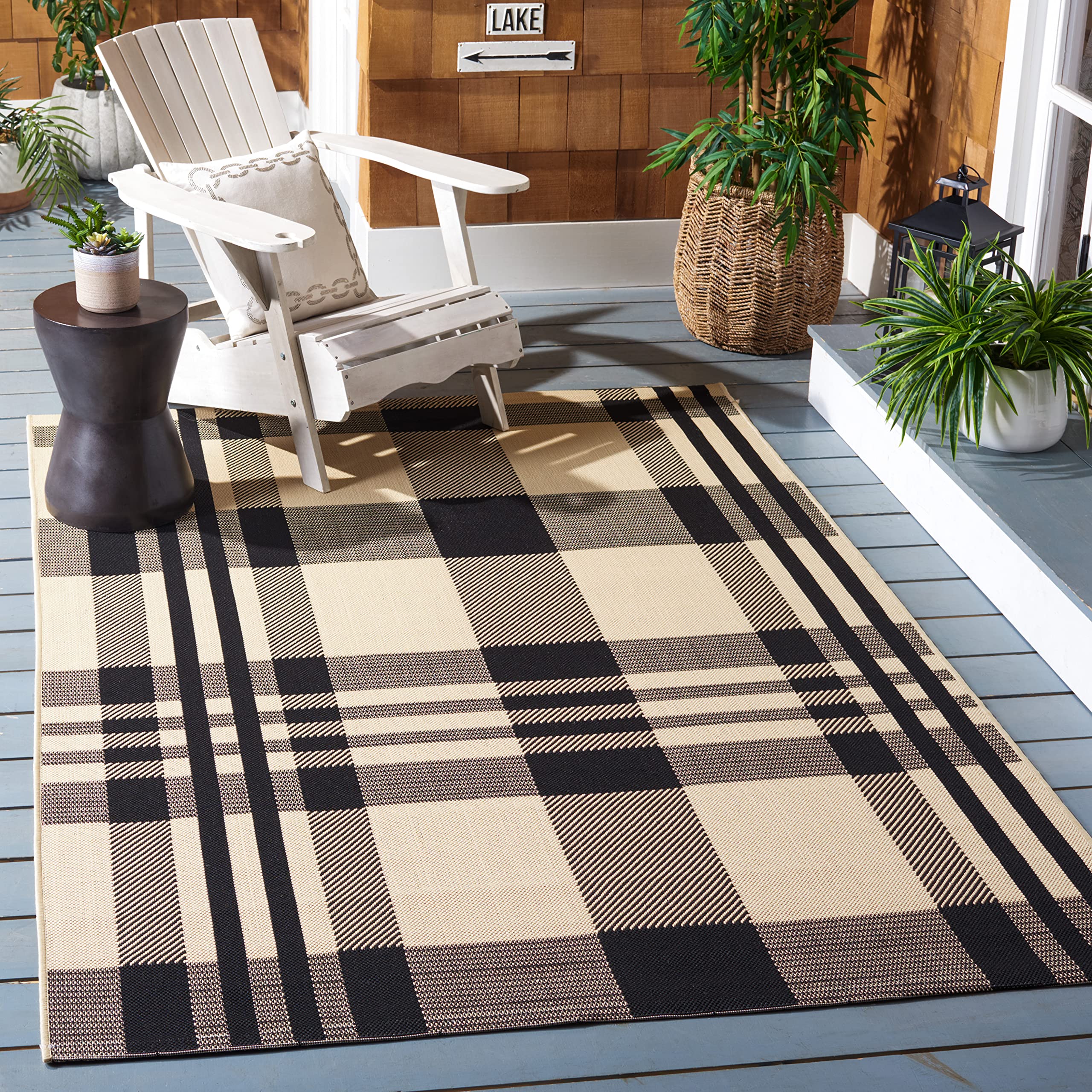 SAFAVIEH Courtyard Collection 4 Square Black/Bone CY6201 Plaid Indoor/ Outdoor Patio Backyard Mudroom Accent Rug