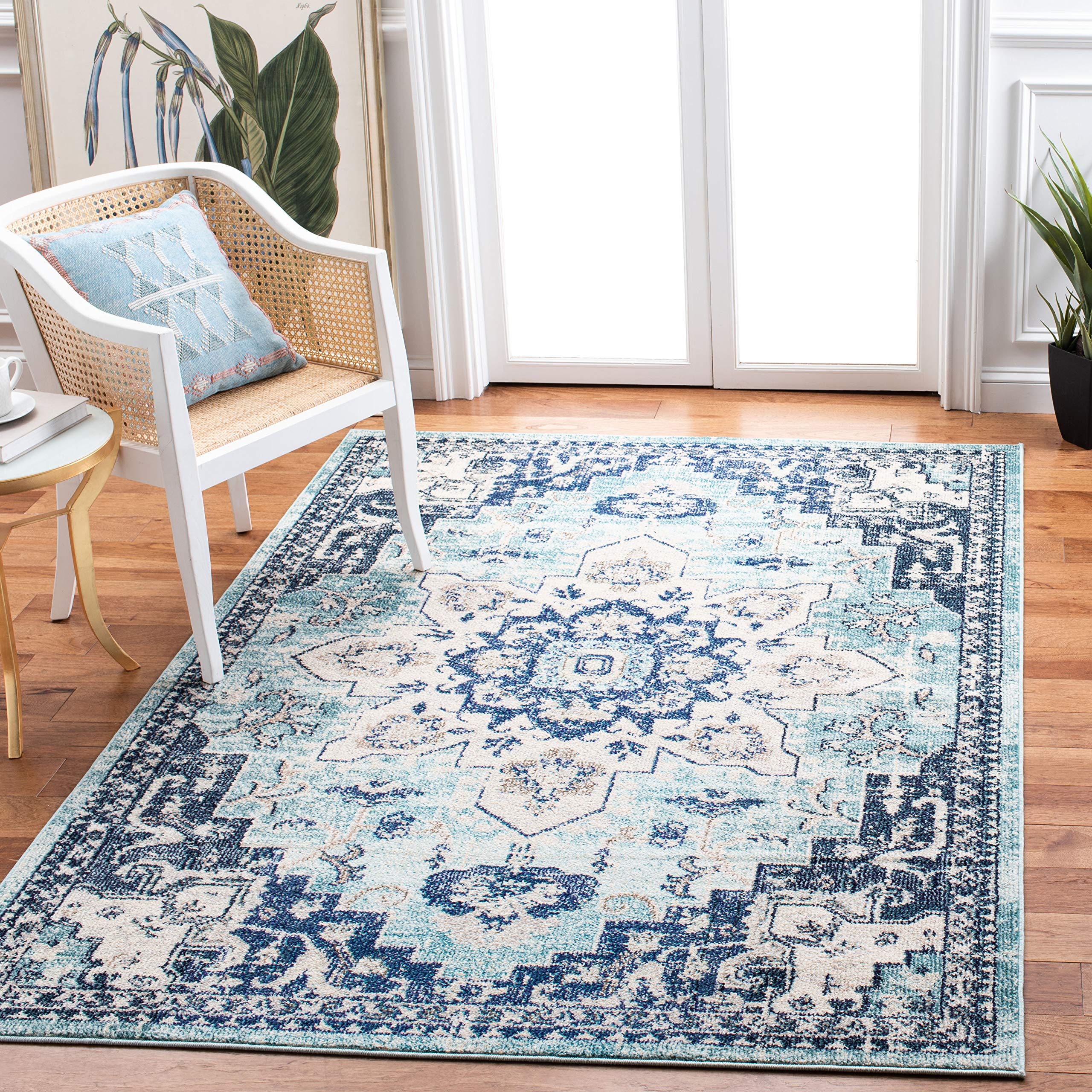 SAFAVIEH Madison Collection Accent Rug - 4 x 6, Teal & Navy, Boho Chic Medallion Distressed Design, Non-Shedding & Easy Care, 