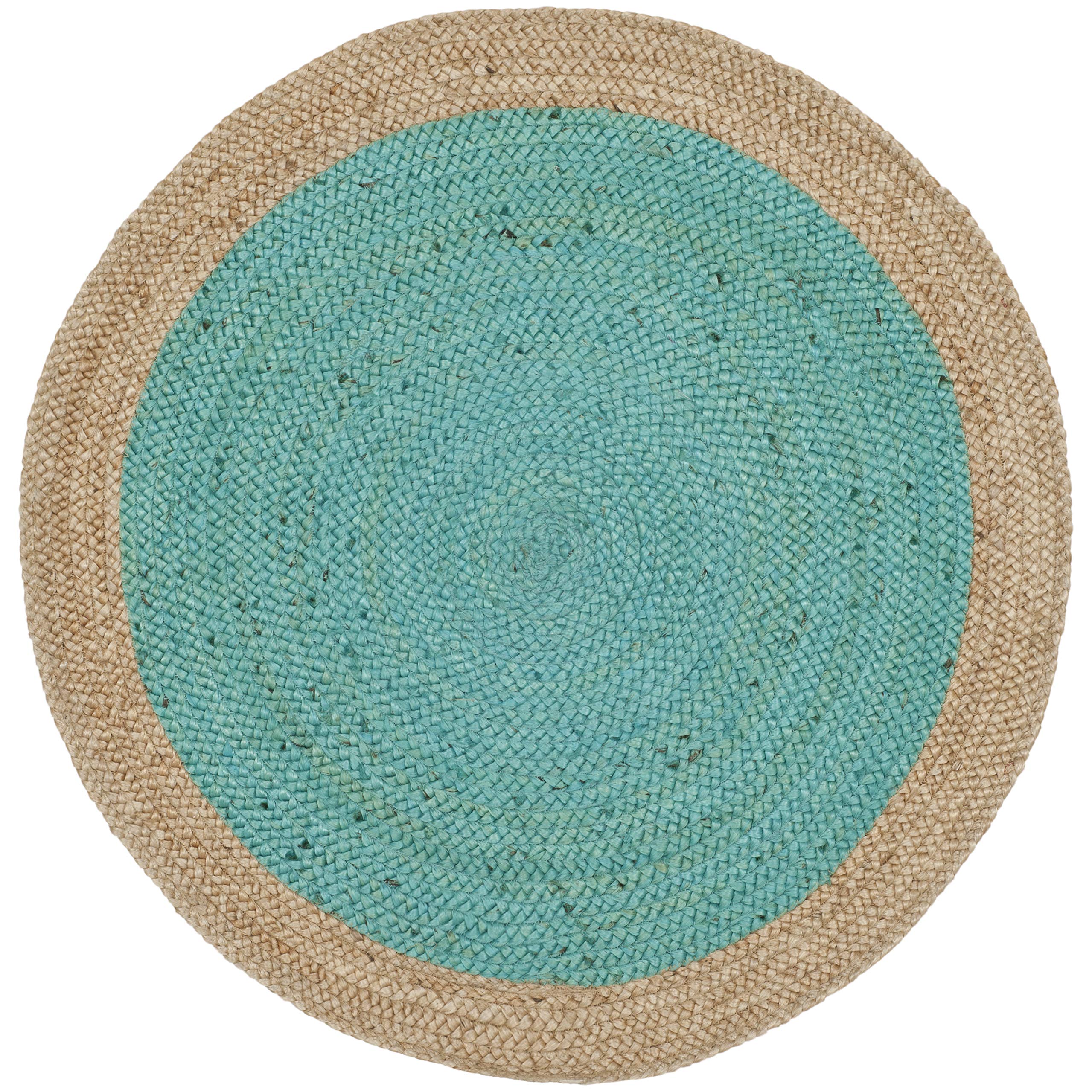 SAFAVIEH Natural Fiber Collection Area Rug - 3 Round, Teal & Natural, Handmade Boho Braided Jute, Ideal for High Traffic Areas 