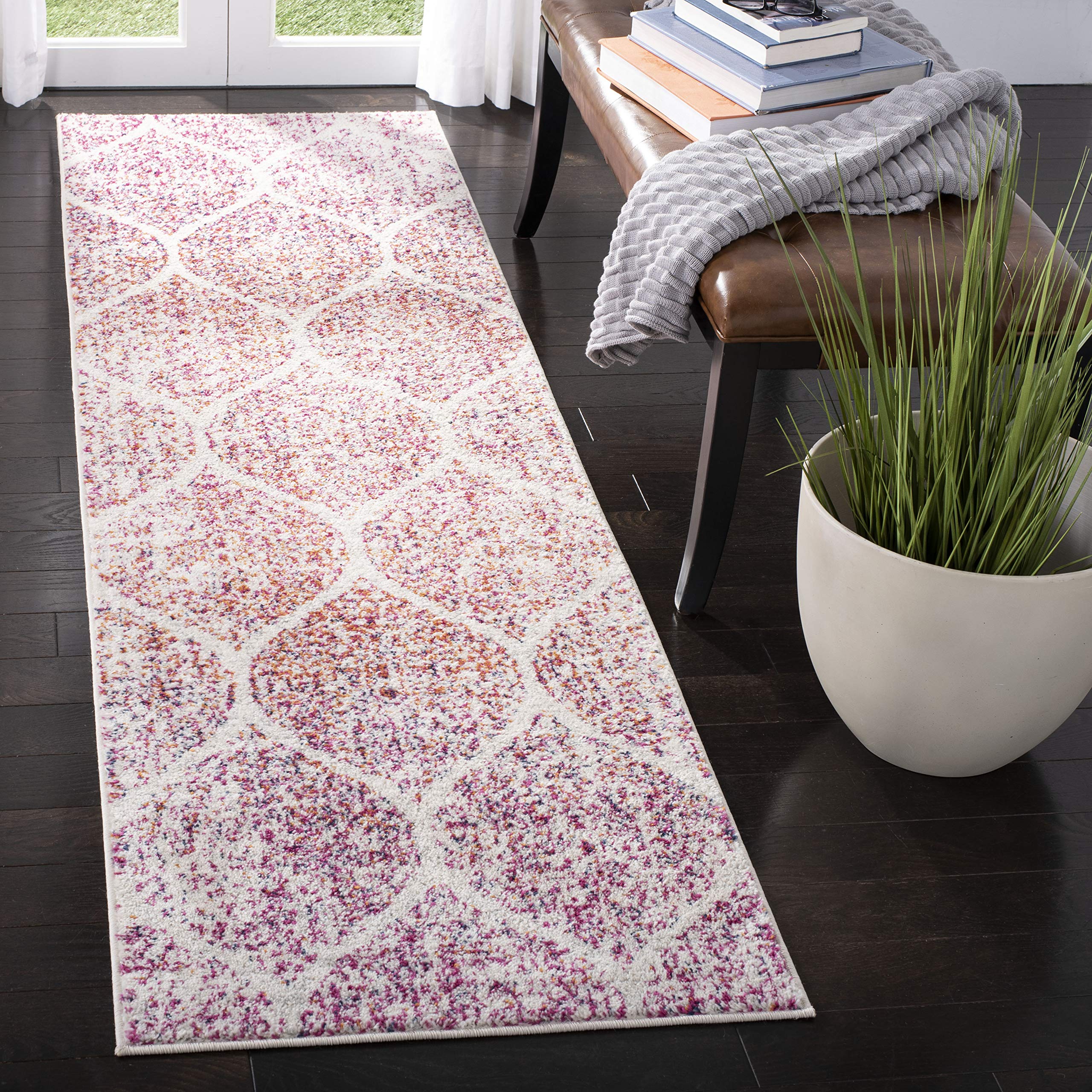 SAFAVIEH Madison Collection Runner Rug - 23 x 10, Cream & Fuchsia, Glam Ogee Trellis Distressed Design, Non-Shedding & Easy Ca