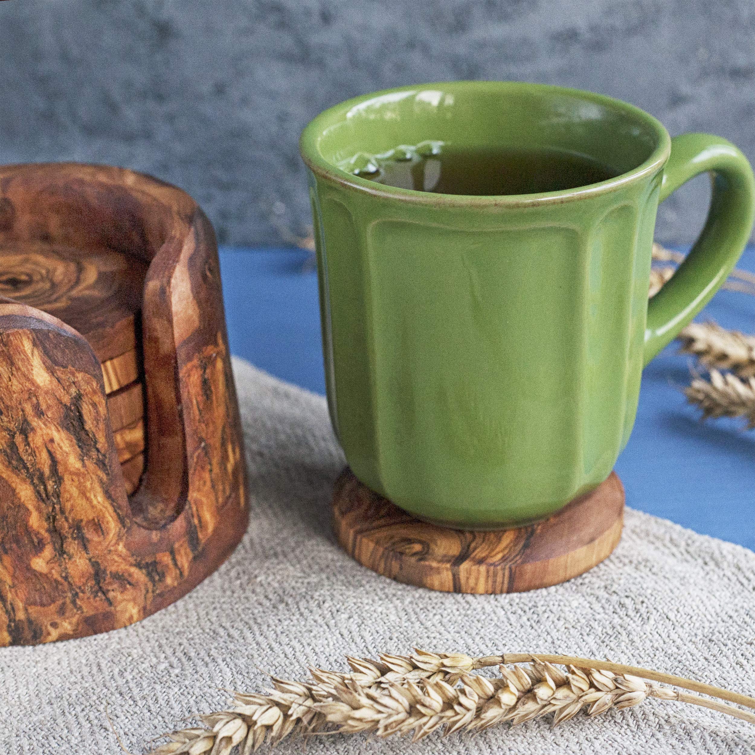 Forest Decor Olive Wood Coasters - Set Of 6 - Farmhouse Coaster With Holder For Home & Wedding Decoration - Handmade Cabin Decor