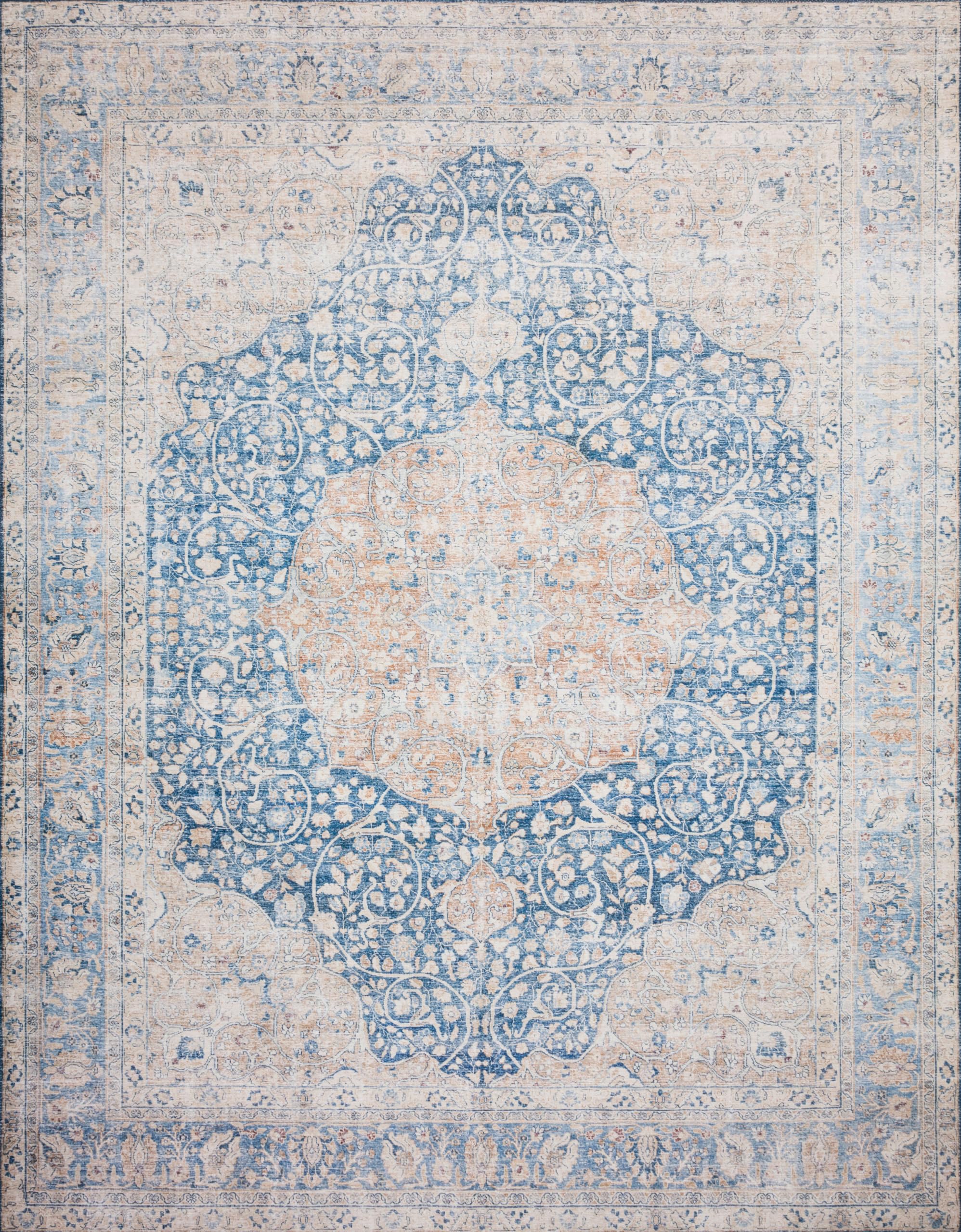 Loloi LAYLA Collection, LAY-07, Blue / Tangerine, 2-6 x 12-0, .13 Thick, Runner Rug, Soft, Durable, Vintage Inspired, Distress