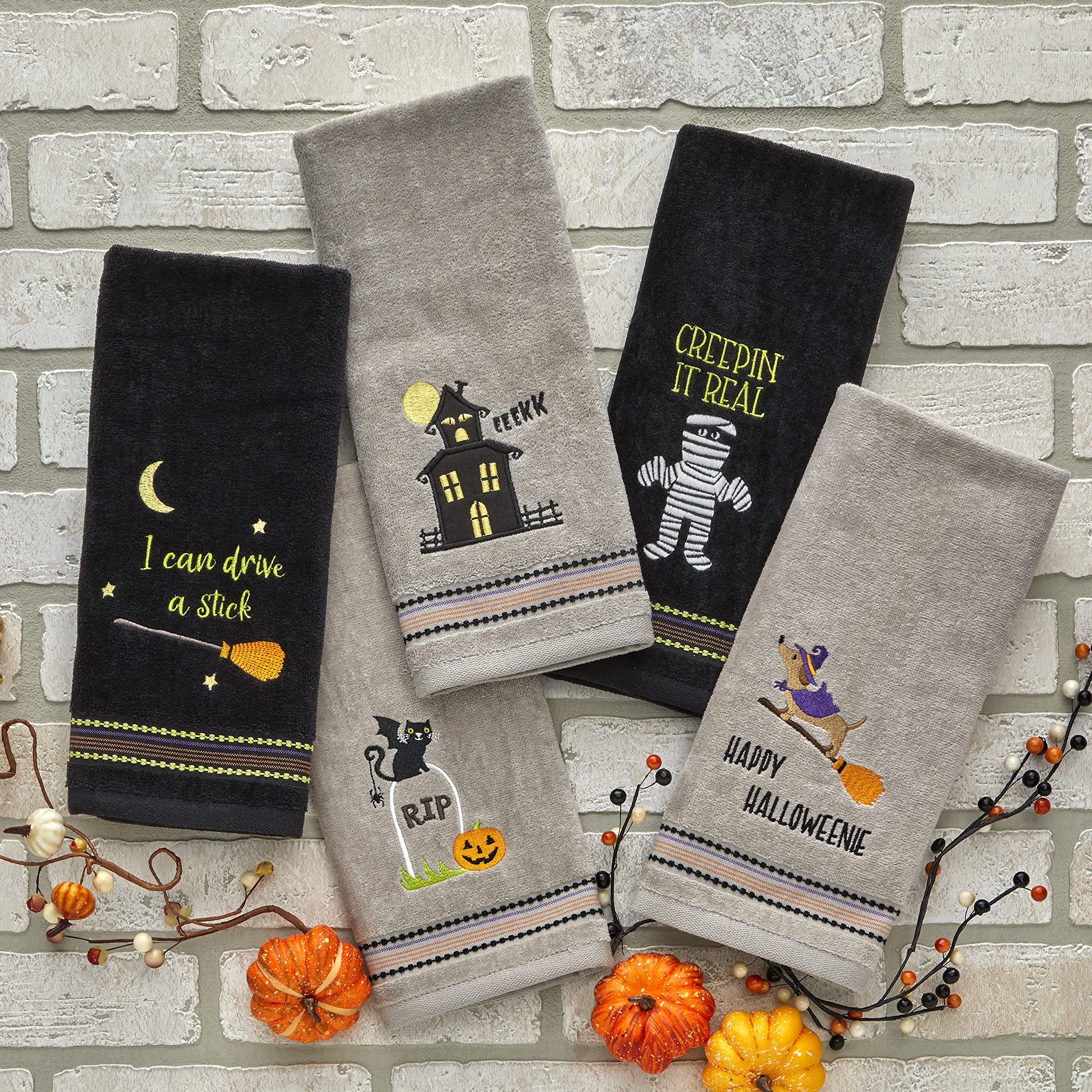 Skl Home Halloween Graveyard Cat Hand Towel Set For Bath/Kitchen/Bar & Gift, 2 Count