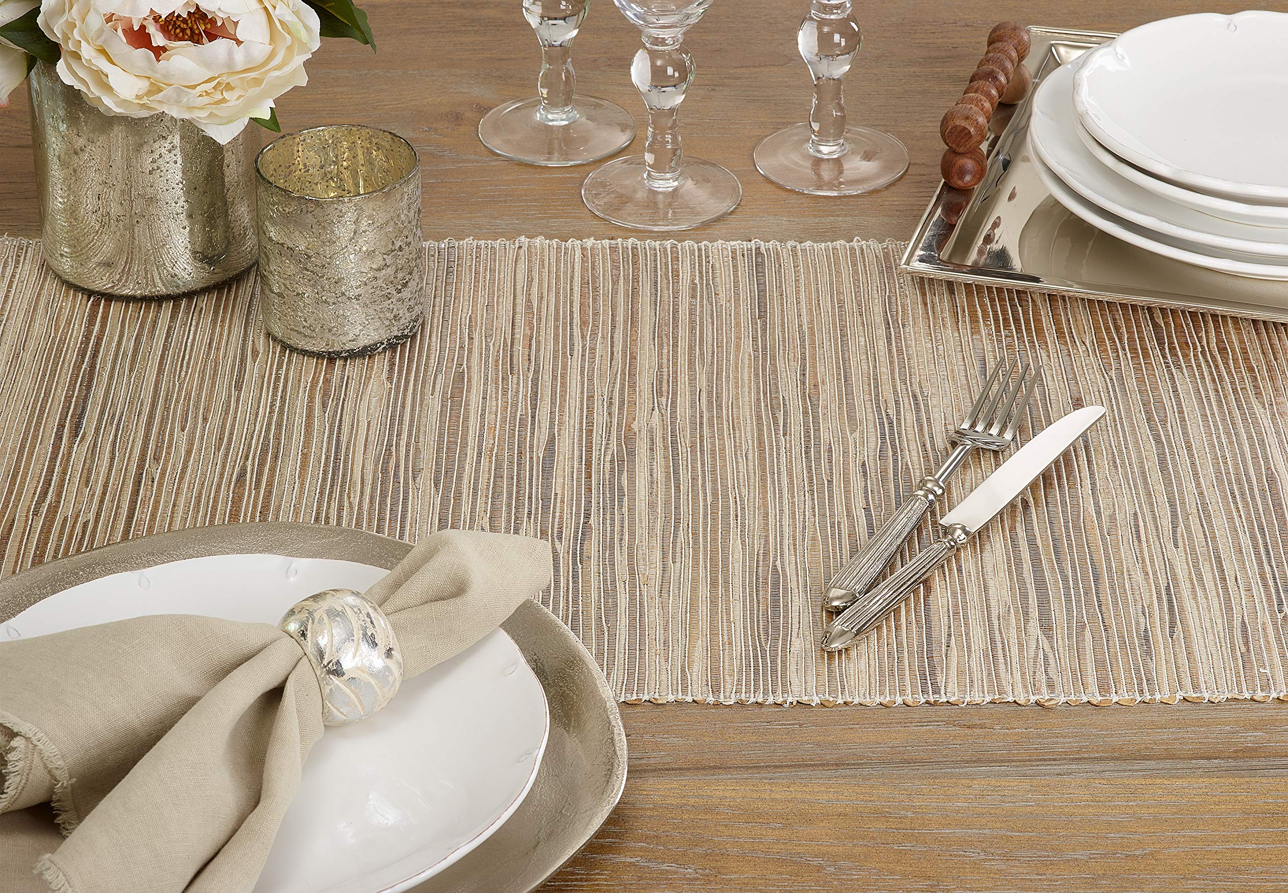 Saro Lifestyle Melaya Collection Shimmering Woven Nubby Water Hyacinth Table Runner, 16'' X 72'', Natural