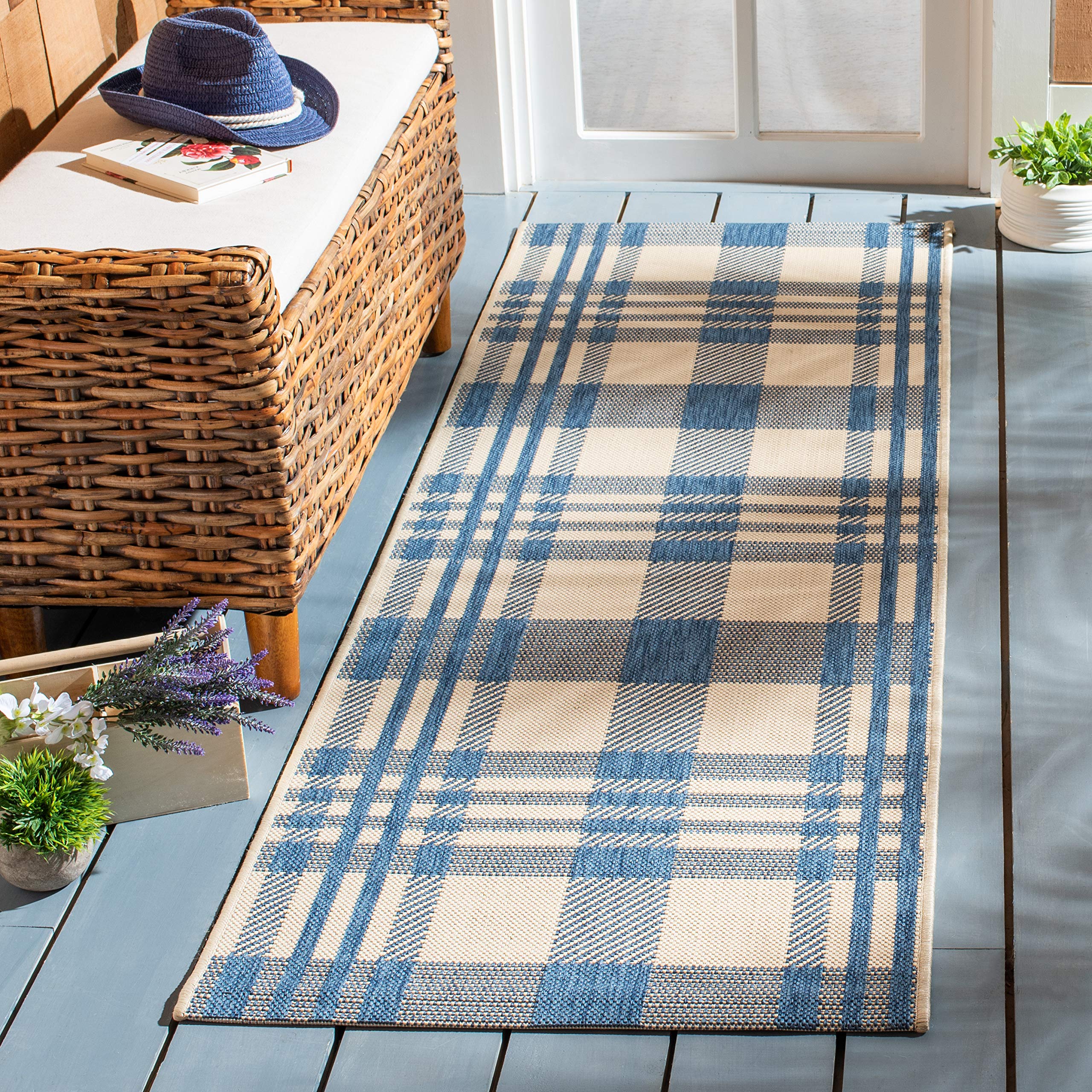 SAFAVIEH Courtyard Collection 23 x 14 Beige/Blue CY6201 Plaid Indoor/ Outside Waterproof Easy cleansingPatio Backyard Mudroom 