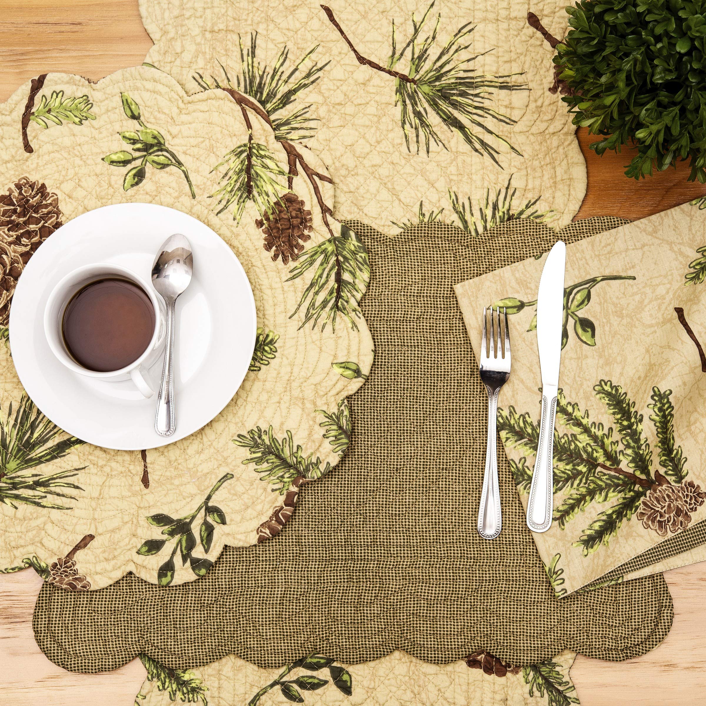 C&F Home Placemat Rectangular 100% Cotton 13"x19" Scalloped Tan Pinecone & Pine Needles Reversible Machine Washable