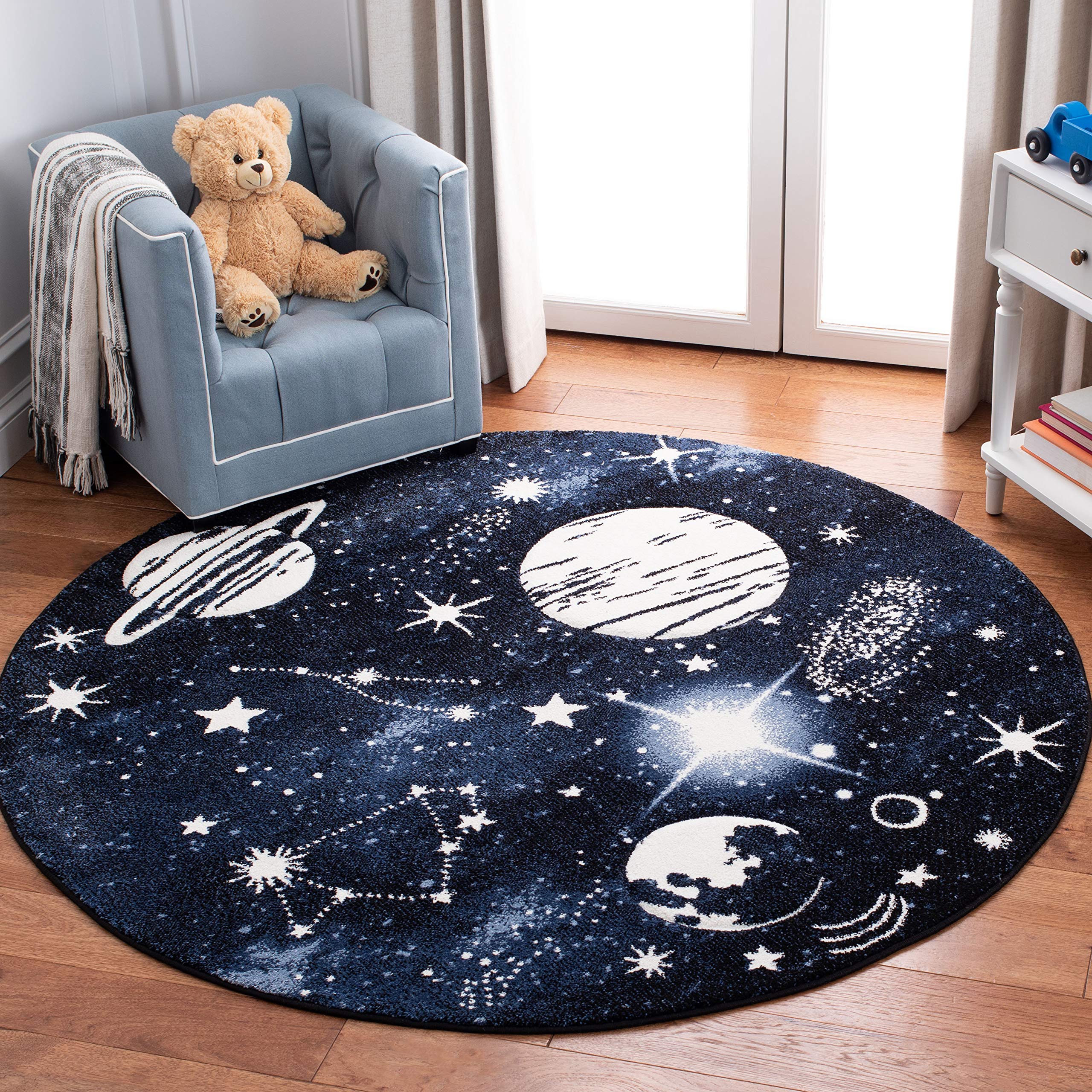 Safavieh Carousel Kids Collection Area Rug - 67 Round, Dark Blue & Light Blue, Non-Shedding & Easy Care, Ideal for High Traffic
