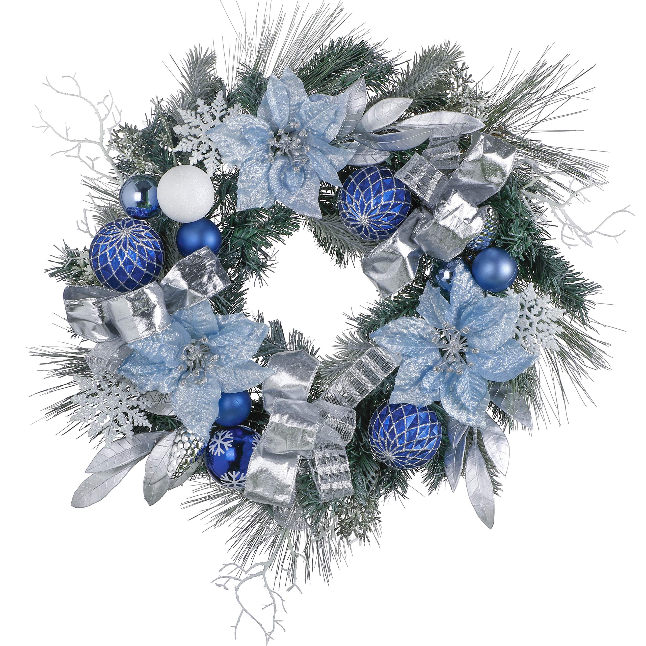 Valery Madelyn Pre-Lit Christmas Wreath for Front Door with Lights, 24 Inch Large Lighted Christmas Wreath with Silver Blue Xmas