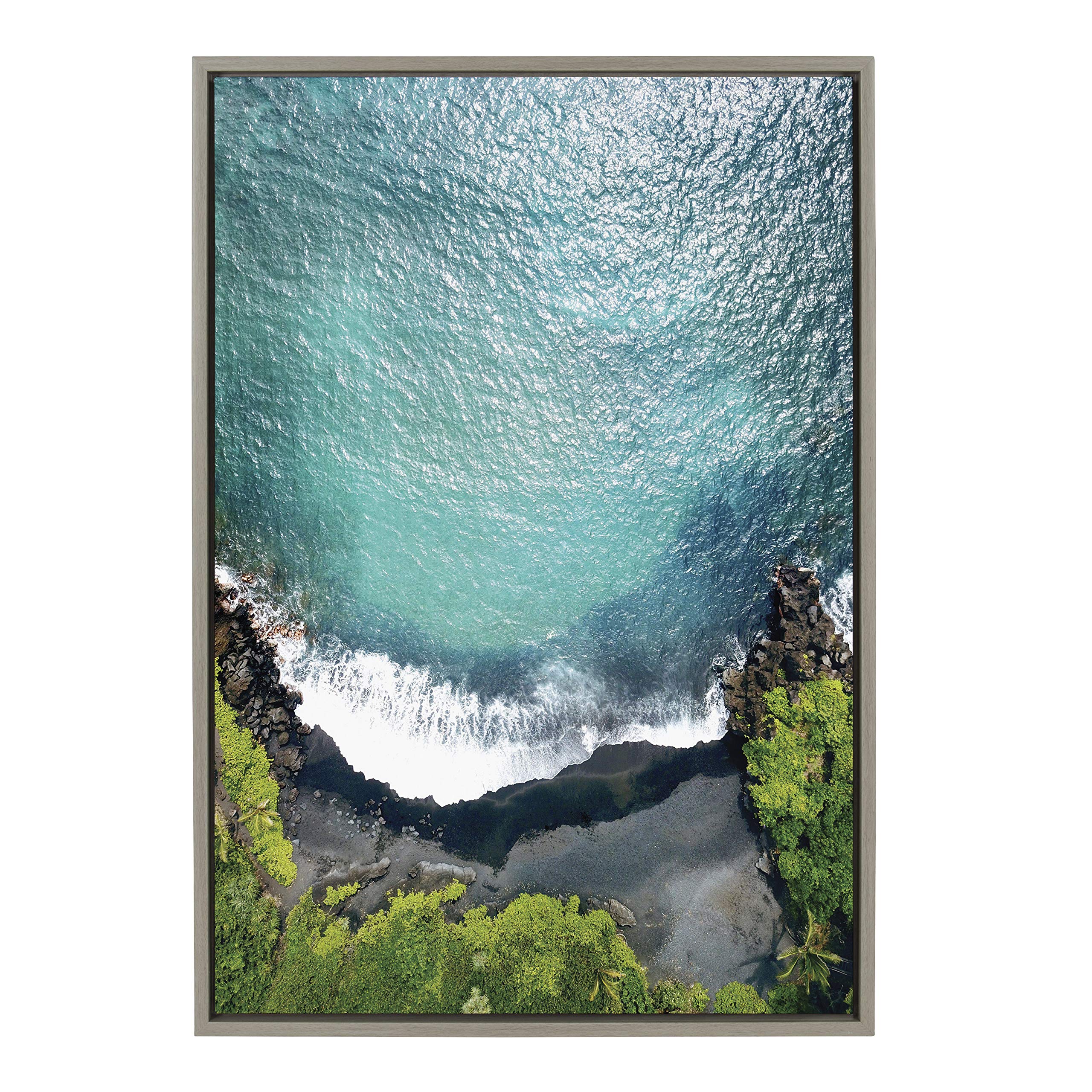 Kate And Laurel Sylvie Maui Black Sand Beach 1 Framed Canvas Wall Art By Rachel Dowd, 23X33 Gray, Coastal Art For Wall