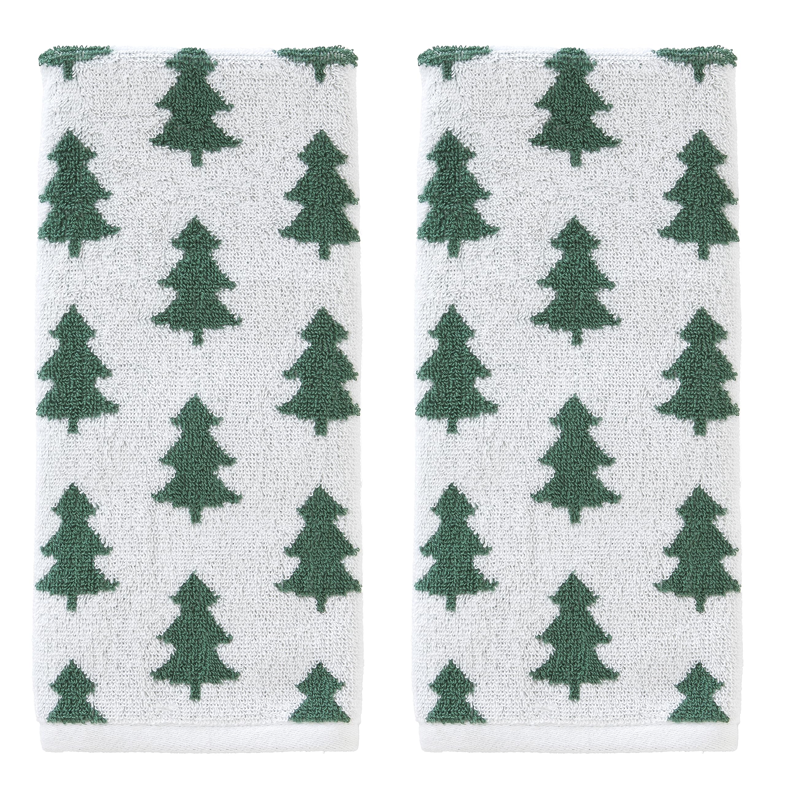 Skl Home Fall/Winter/Christmas Holiday Trees Hand Towel 2Pc Set For Bath/Kitchen/Bar & Gift, Green/White