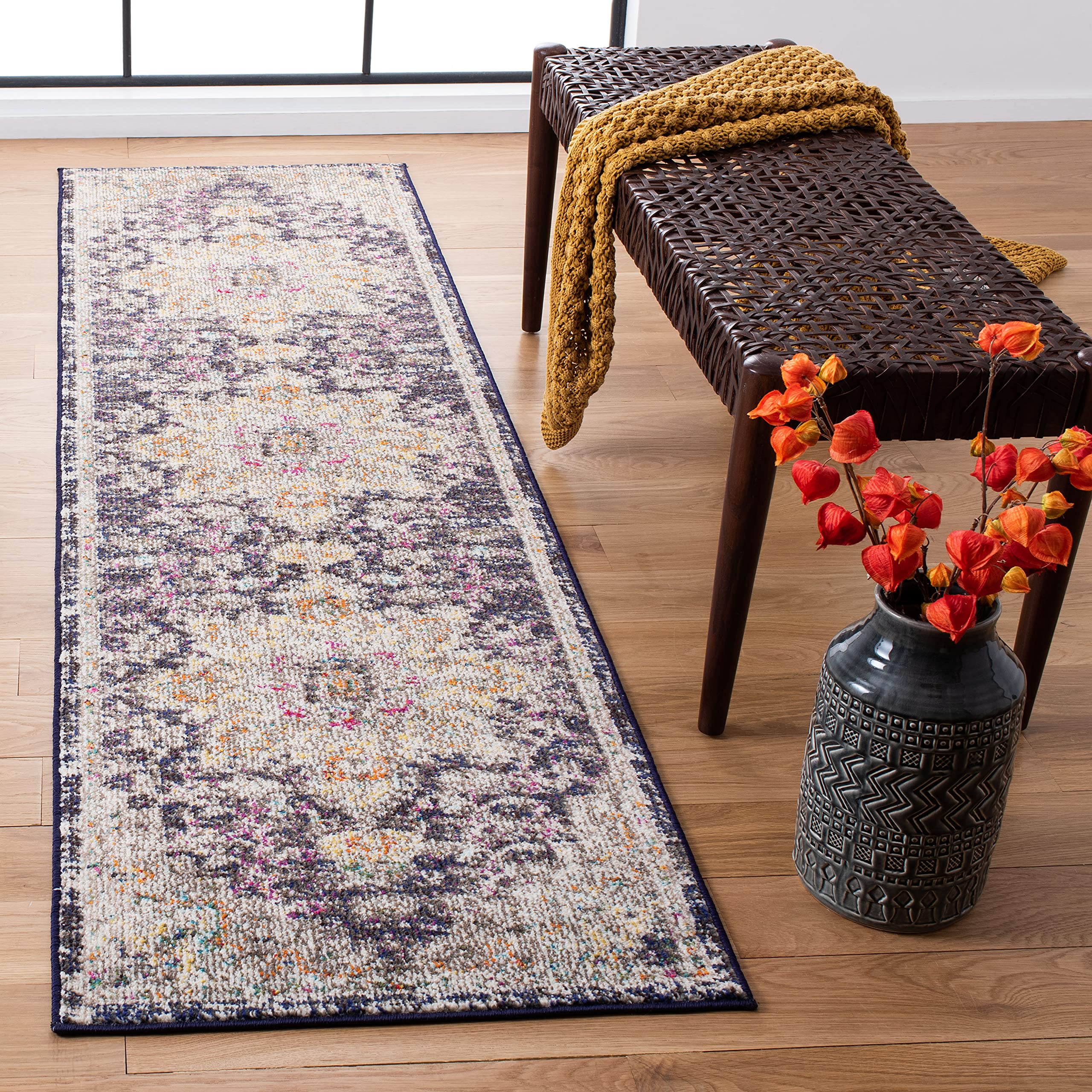 SAFAVIEH Madison Collection Runner Rug - 22 x 16, Black & Gold, Boho Chic Medallion Distressed Design, Non-Shedding & Easy Car