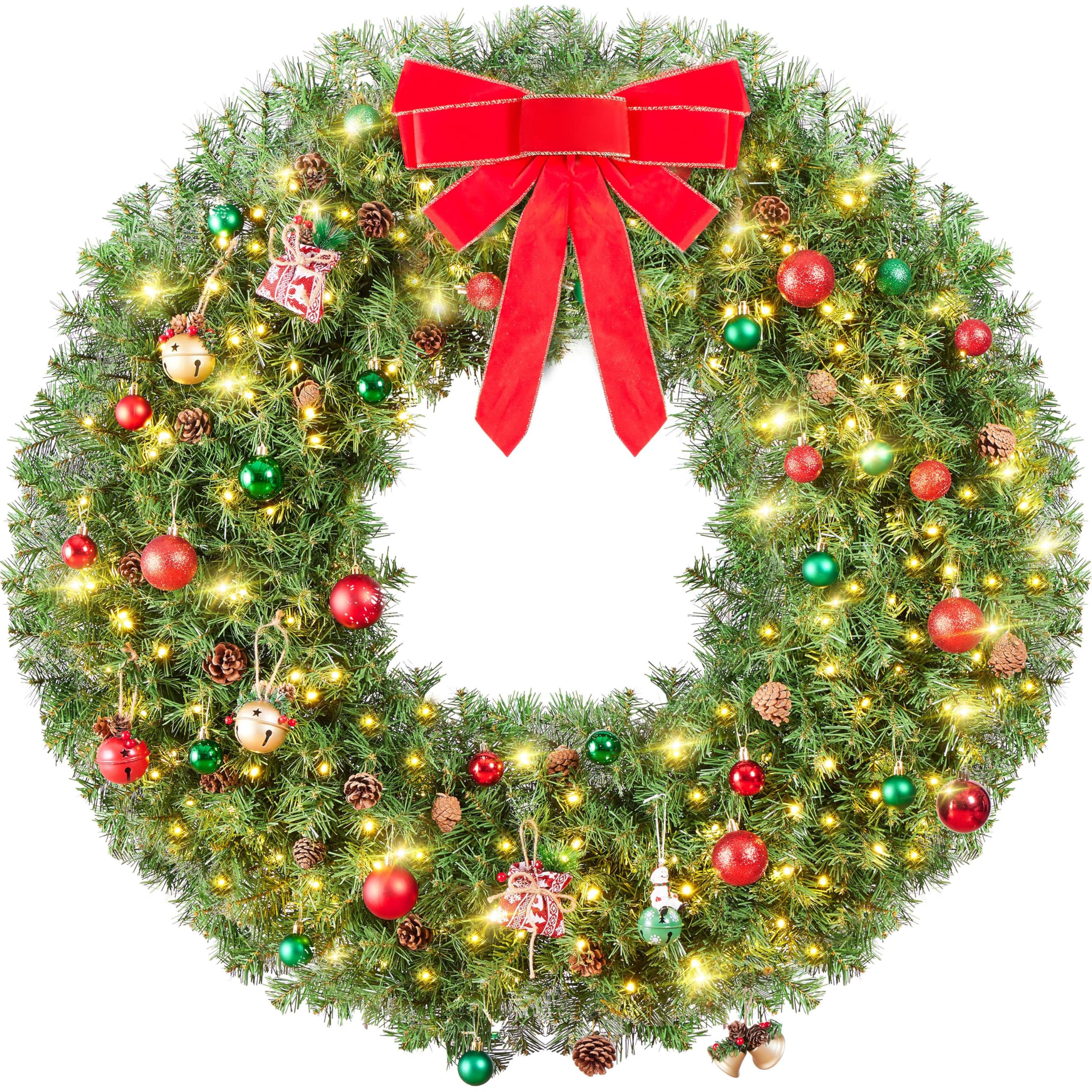 Yaheetech 48in Large Artificial Christmas Wreath, Pre-lit Holiday Accent Decoration with Red Bow, 200 LED Lights & 720 PVC Tips,
