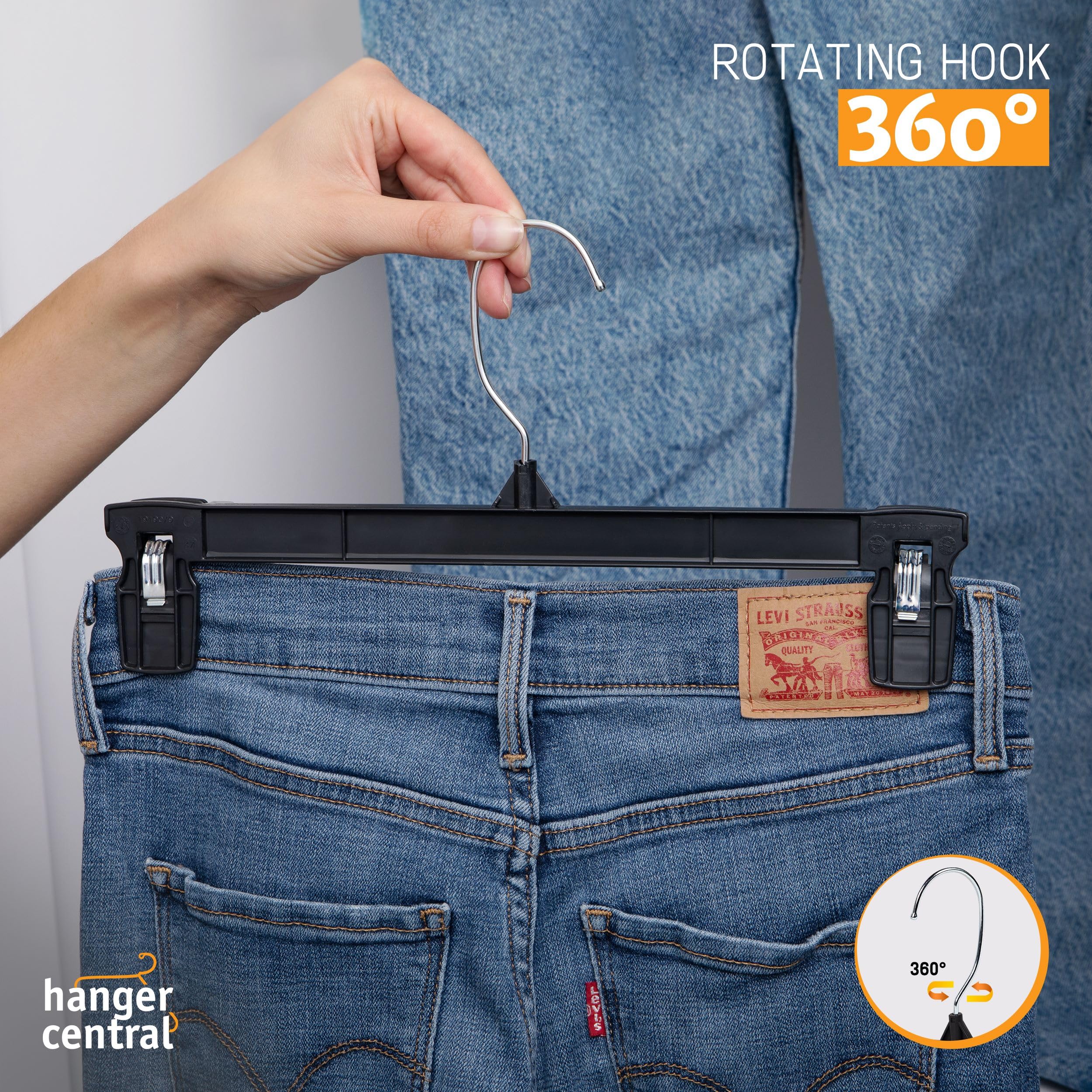 Hanger Central 30 Pack Space Saving Heavy Duty Slim Plastic Pants and Shorts Hangers  Ridged Non-Slip with Pinch Clips  360-Rotating Chrome Swivel Hook  in Black  12 Inches