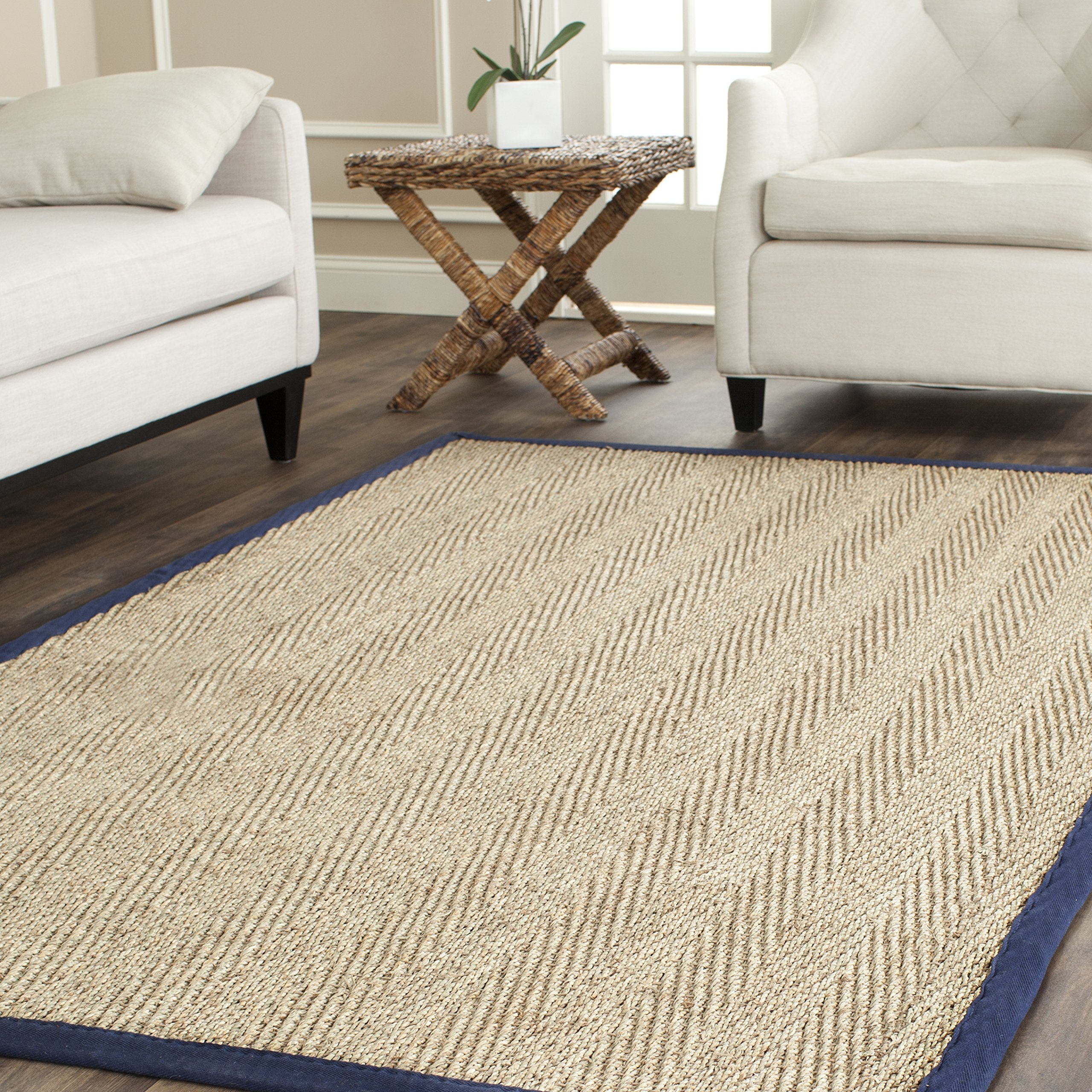 Safavieh Natural Fiber Collection Accent Rug - 3 x 5, Natural & Blue, Border Herringbone Seagrass Design, Easy Care, Ideal for