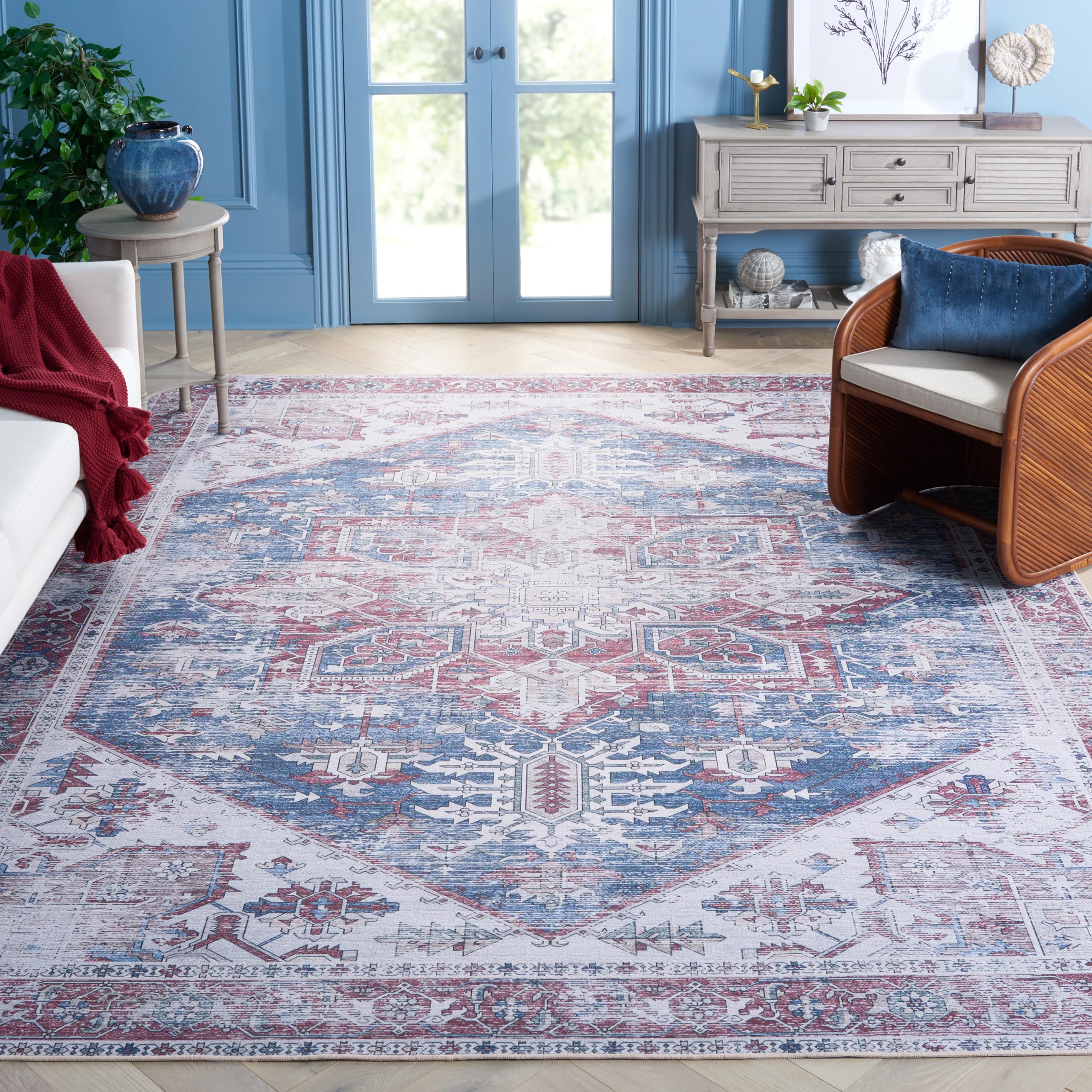 SAFAVIEH Tucson Collection Area Rug - 10 x 14, Beige & Grey, Shabby Chic Design, Machine Washable & Slip Resistant, Ideal for 