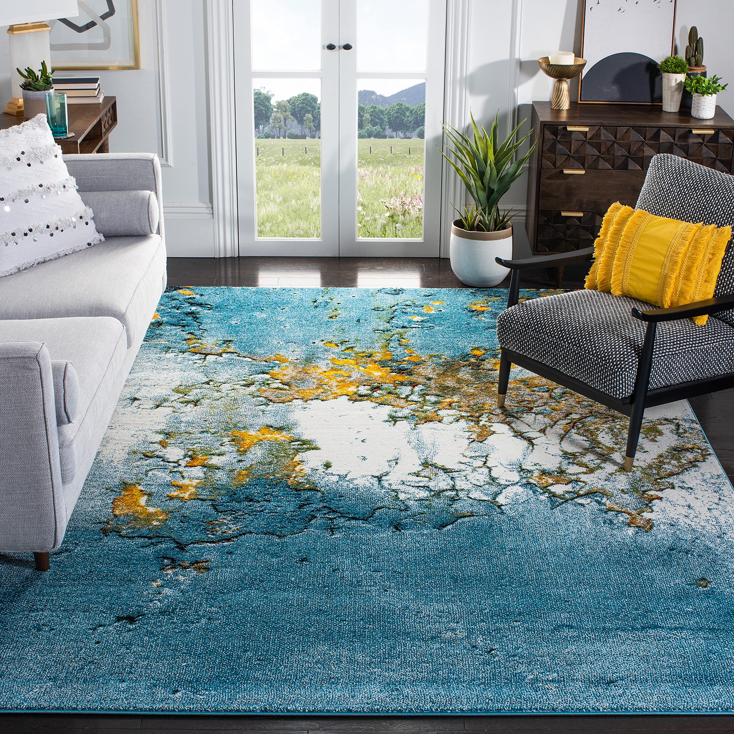 SAFAVIEH Glacier Collection 11 x 15 Blue/Gold GLA125M Abstract Non-Shedding Living Room Dining Bedroom Area Rug
