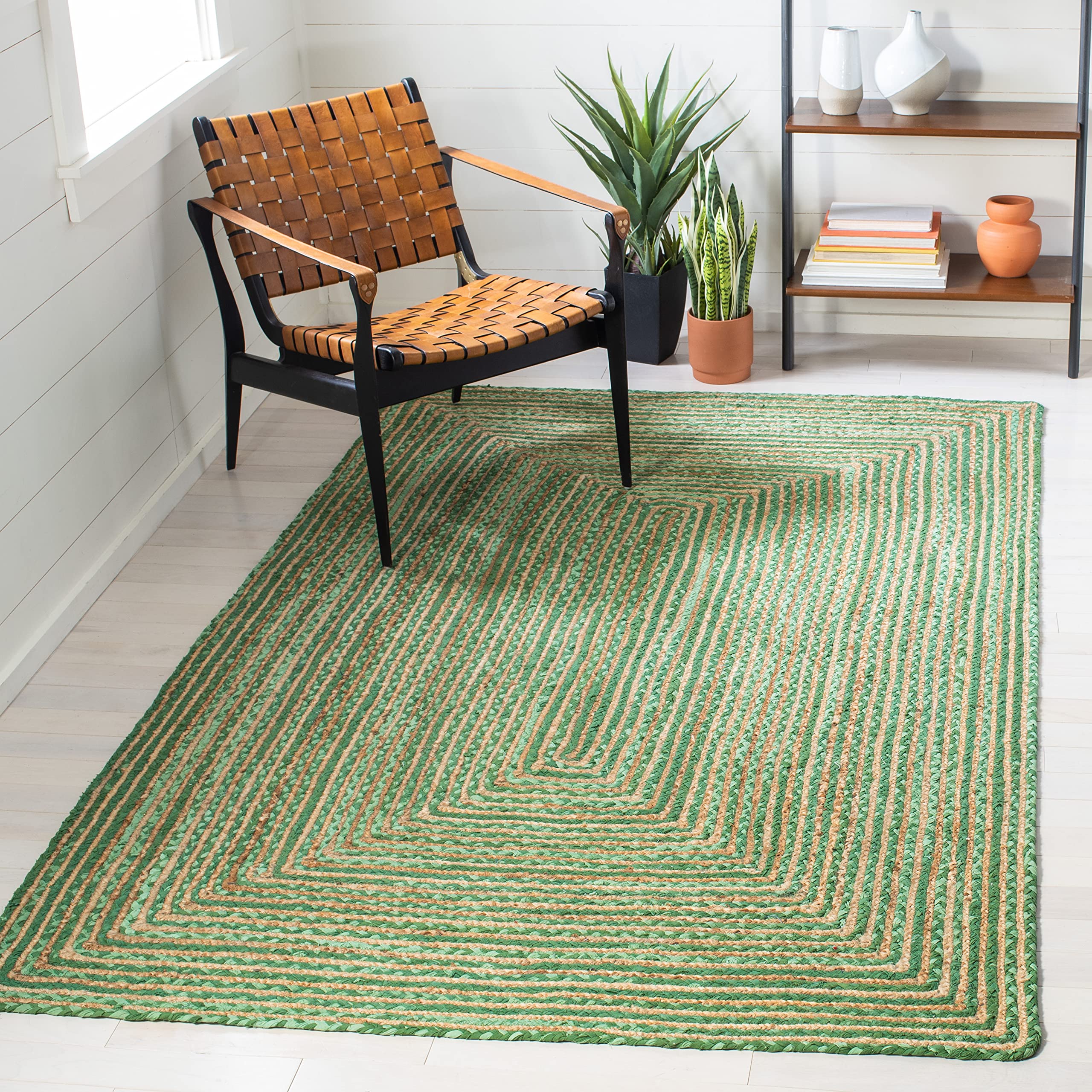 SAFAVIEH Cape Cod Collection 5 x 8 Green/Natural CAP202Y Handmade Boho Braided Jute & Cotton Living Room Dining Bedroom Area R