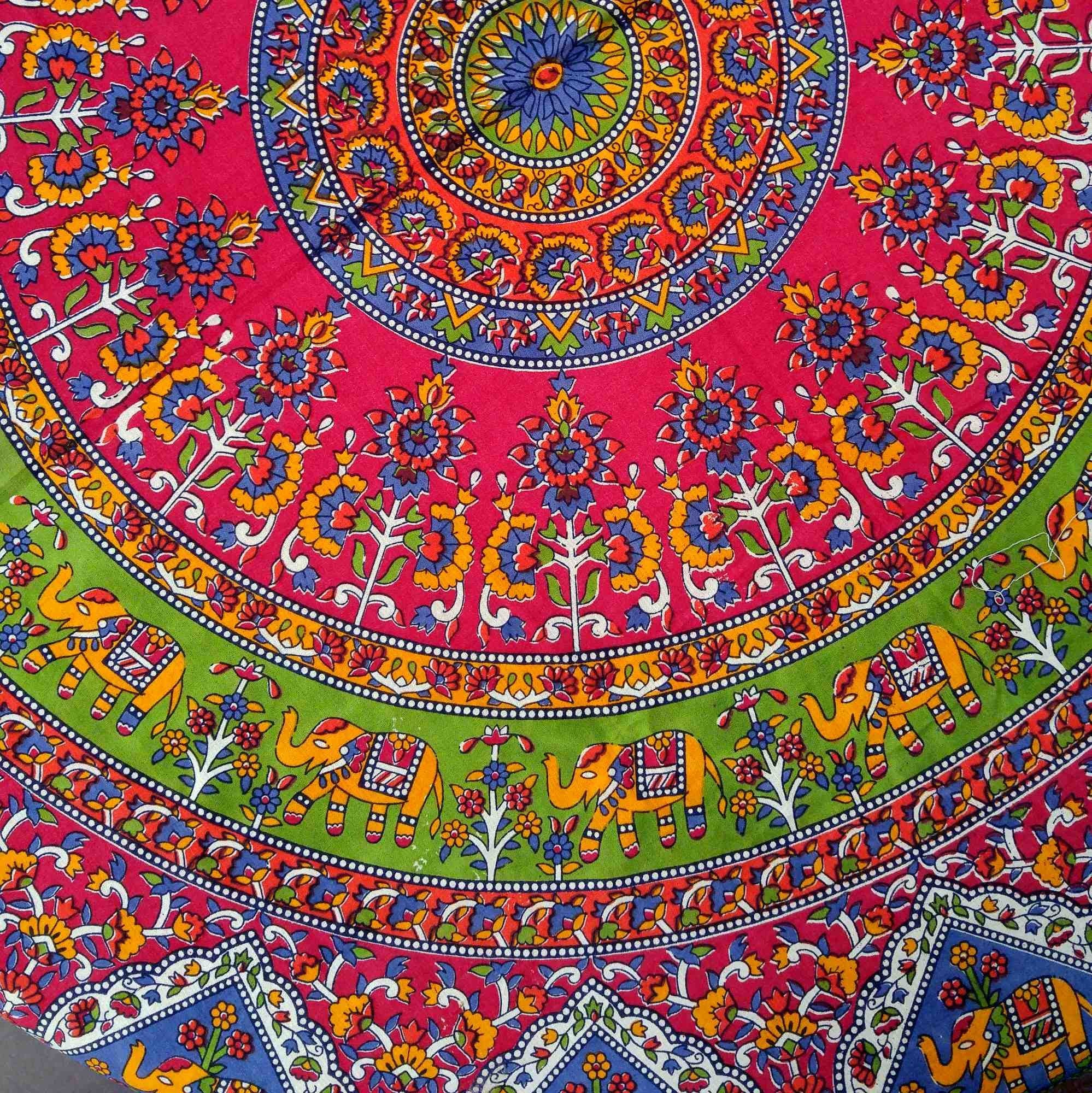 India Arts Elephant Mandala Floral Print Red Tablecloth Round For Dining And Kitchen Cotton Table Linen Red Green Blue