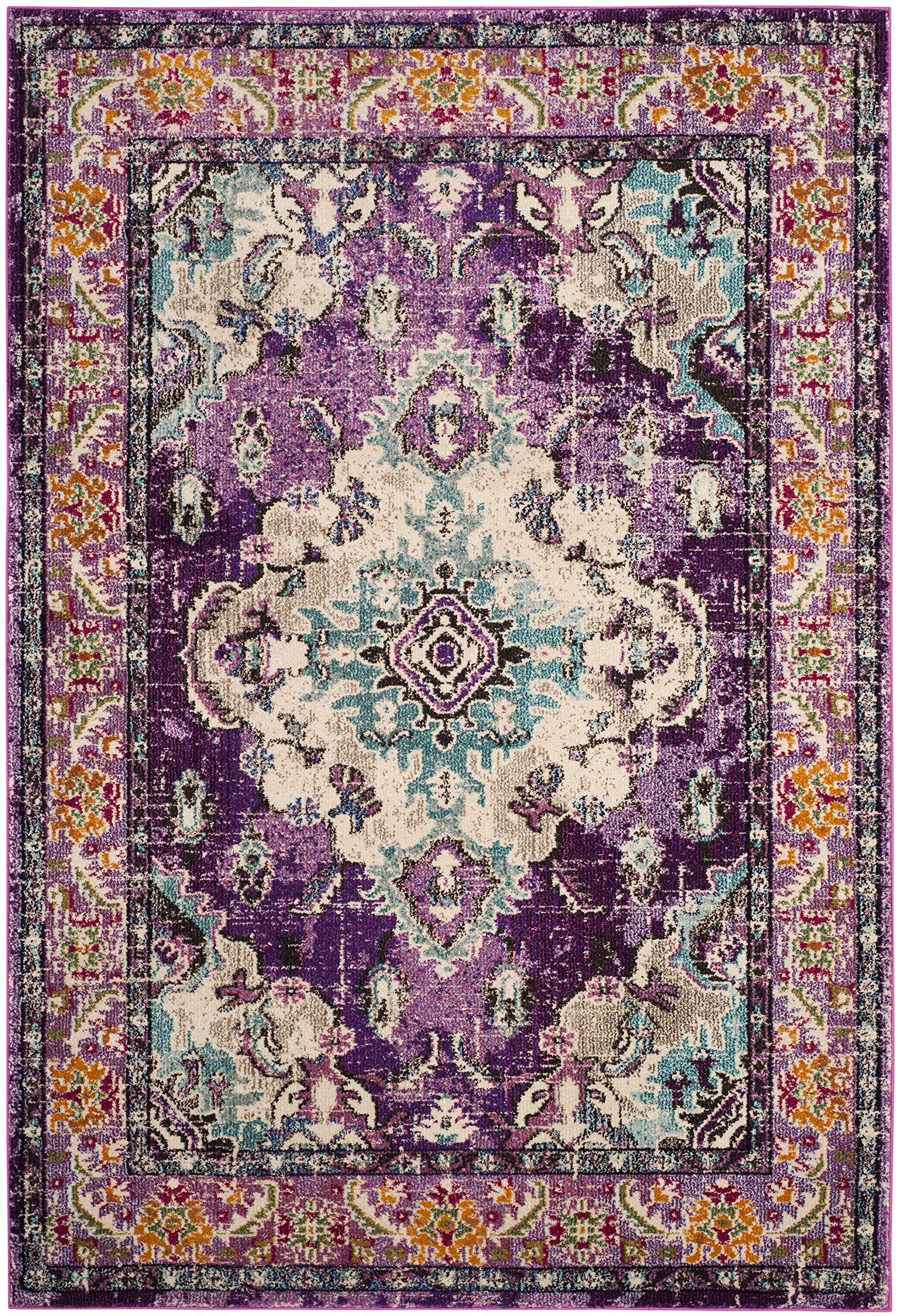 SAFAVIEH Monaco Collection Area Rug - 67 x 92, Violet & Light Blue, Boho Chic Medallion Distressed Design, Non-Shedding & Easy