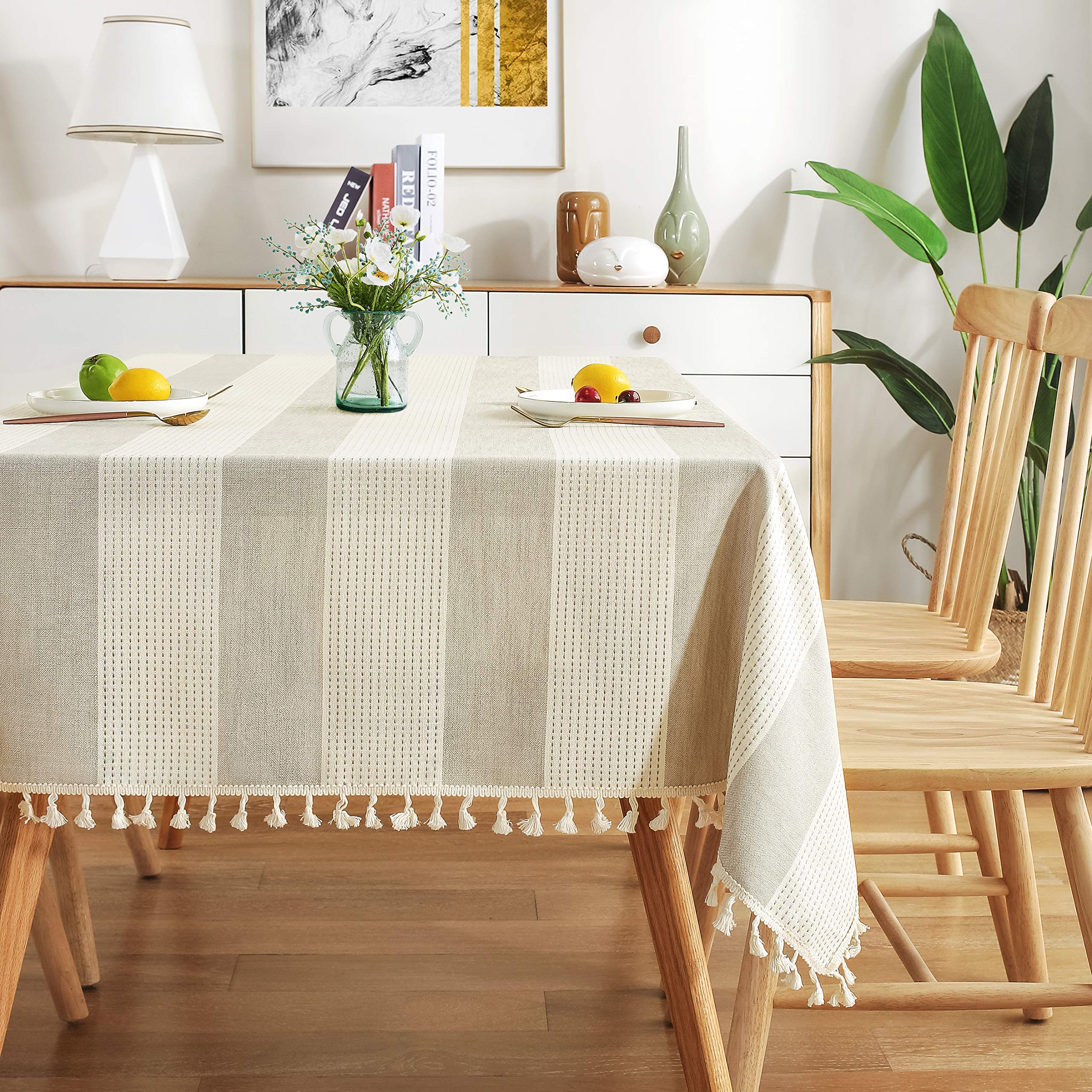 Amhoo Stitching Tassel Tablecloth Striped Table Cloth Rectangle Cotton Linen Dust-Proof Table Cover For Kitchen Dinning 54 X 86