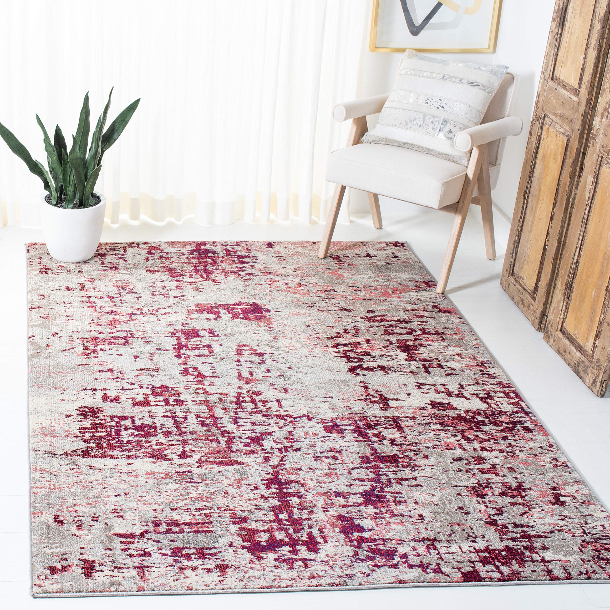SAFAVIEH Madison Collection 8 x 10 BeigeWine MAD471C Modern Abstract Non-Shedding Living Room Bedroom Area Rug