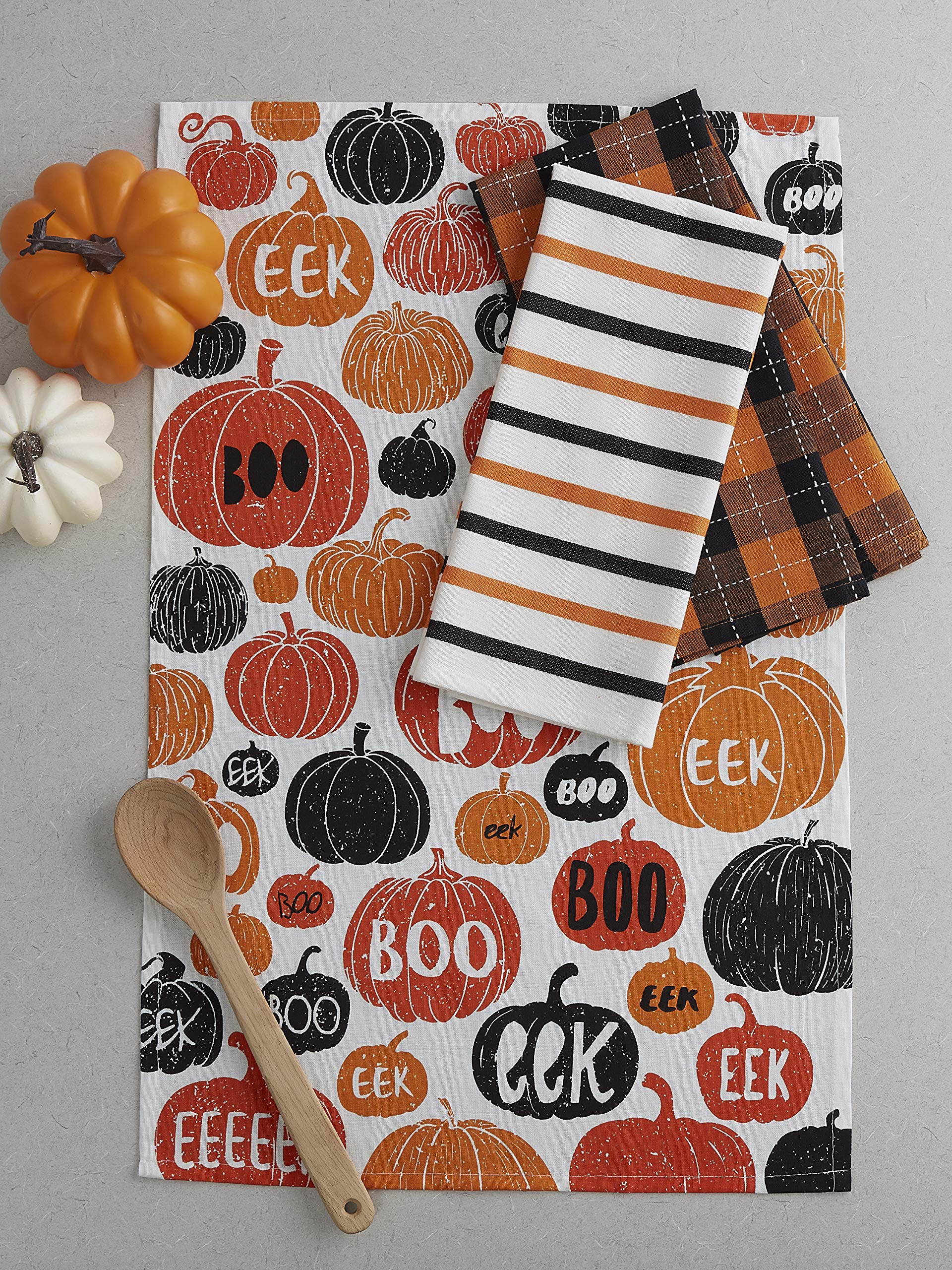 Dii Halloween Hand Towels For The Kitchen Decorative Spooky & Fun Cotton Printed Dishtowel Set, 18X28, Pumpkin Boo, 3 Count